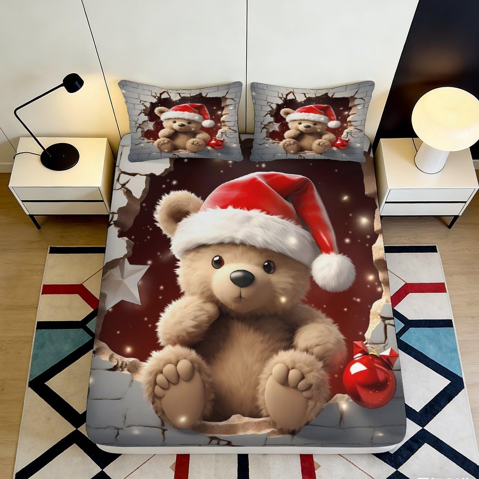 Jqzkxnhpbr Style-4 3D Printed Christmas Teddy Bear Fitted Sheet Microfiber Non-Slip Soft Red Santa Decor Mattress Cover For Bedroom 90X200x25cm