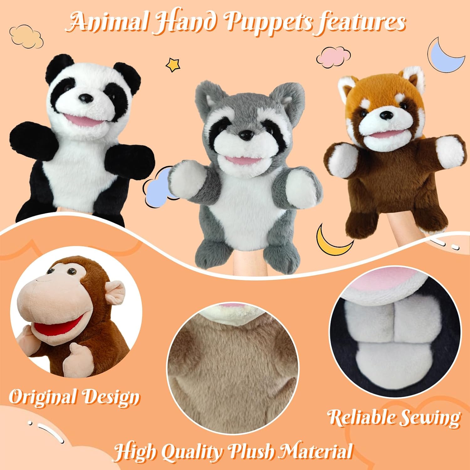 6 Pcs Animal Hand Puppets for Kids - 10 Inches Soft Plush with Movable Mouth, Interactive for Toddler Hands, Including Fun Animals, Imaginative Role Play, Storytelling, Birthday & Easter Gifts