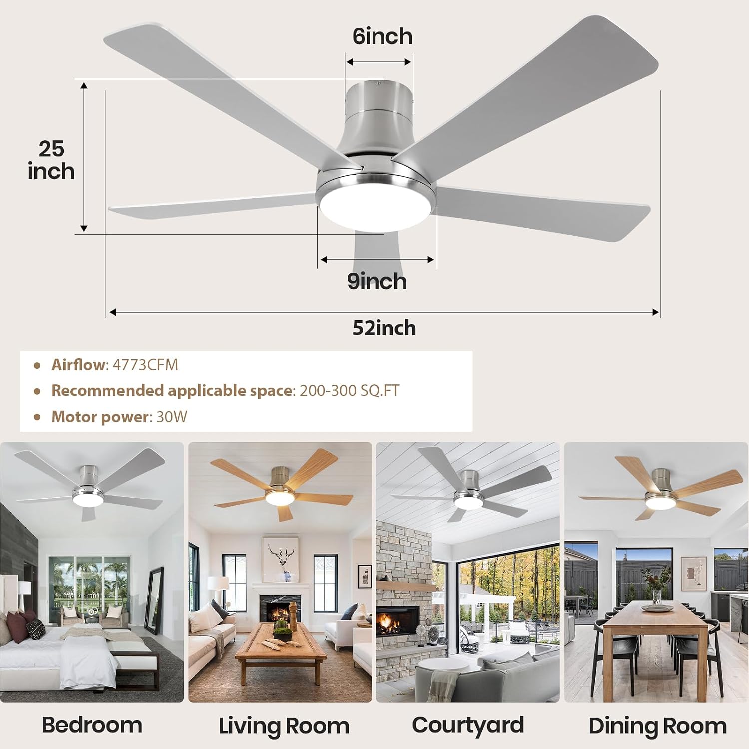 Image showing the dimensions of a 52-inch ceiling fan and examples of rooms it is suitable for.