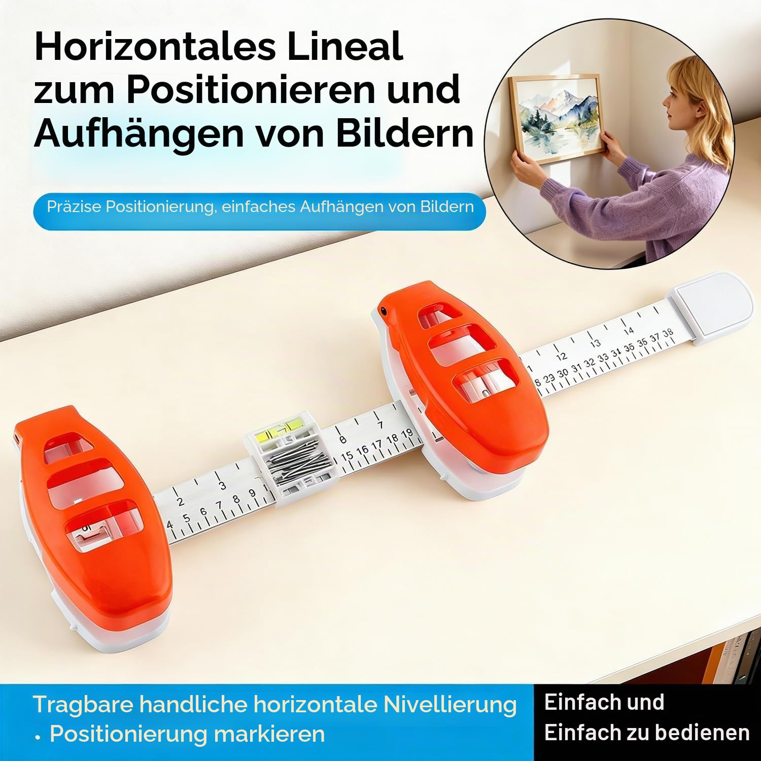 Level Ruler Bilder Aufhängung Tool mit Wasserwaage, 3-in-1 Präzisions Lineal mit Markierfunktion, Einfaches Bilder Aufhängen ohne Fehler, Vermeidet unnötige Löcher, für Rahmen, Spiegel & Wanddeko DIY