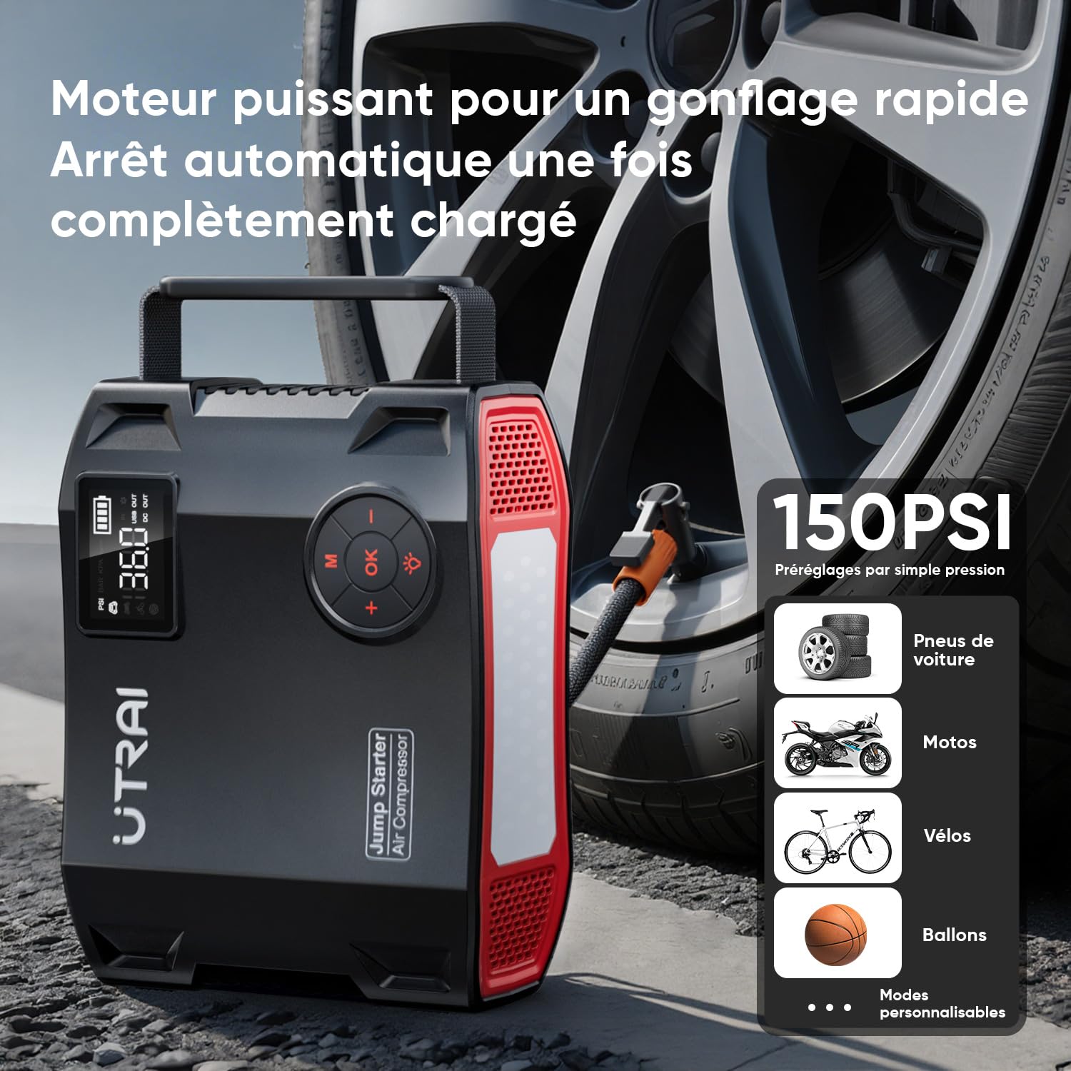 UTRAI 27000mAh Booster Batterie Voiture 8000A, Demarreur Batterie Voiture avec 1600 Lumens LED, Gonfleur, Sortie CC 160 W, 18W Charge Rapide, Jump Starter Portable (Tous Gaz ou 12L Diesel)