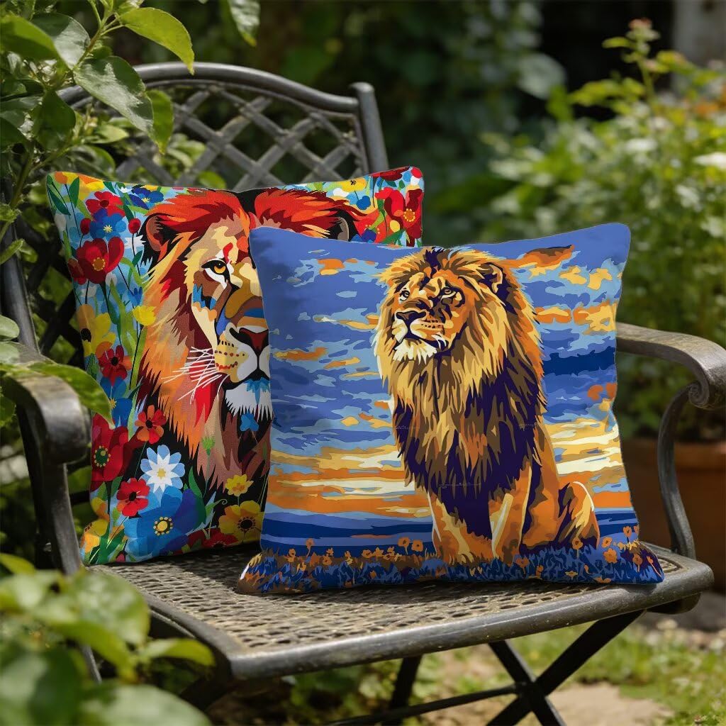 Poduszka 80 x 80 cm, zestaw 2 kolorów, poszewka na poduszkę 80 x 80 cm, lniana poduszka na sofę, lew, oddychająca poduszka ozdobna, na wiosnę i lato, do użytku na zewnątrz, do sypialni, domu, R-6194W2