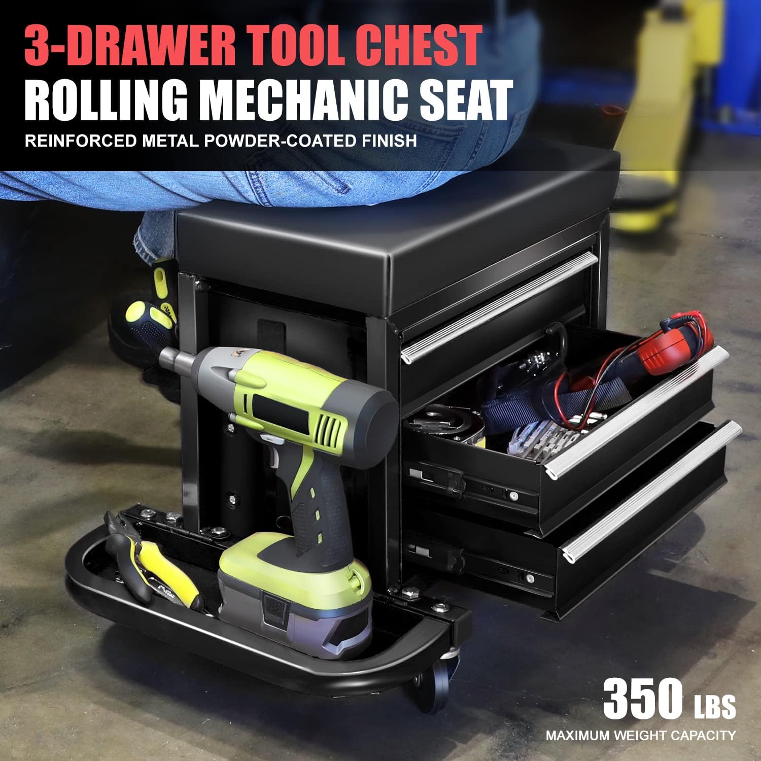DNA Motoring 3-Drawer Mechanic Roller Seat, Rolling Creeper Garage/Shop Seat with Tool Trays, Rolling Tool Chest Stool with Tool Box, Padded Seat Cushion, 350lbs Capacity, Red, Black, TOOLS-00262
