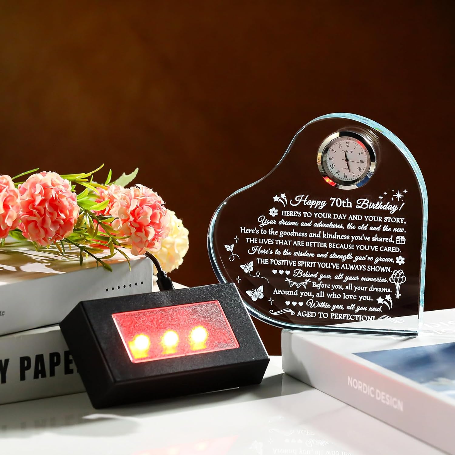 Movdyka Unique Happy 70th Birthday Gifts for Women & Men - Personalized 1955 Glass Clock Decor with Night Light, Classy 70 Year Old Female Present for Mom, Dad, Grandparents, Friends