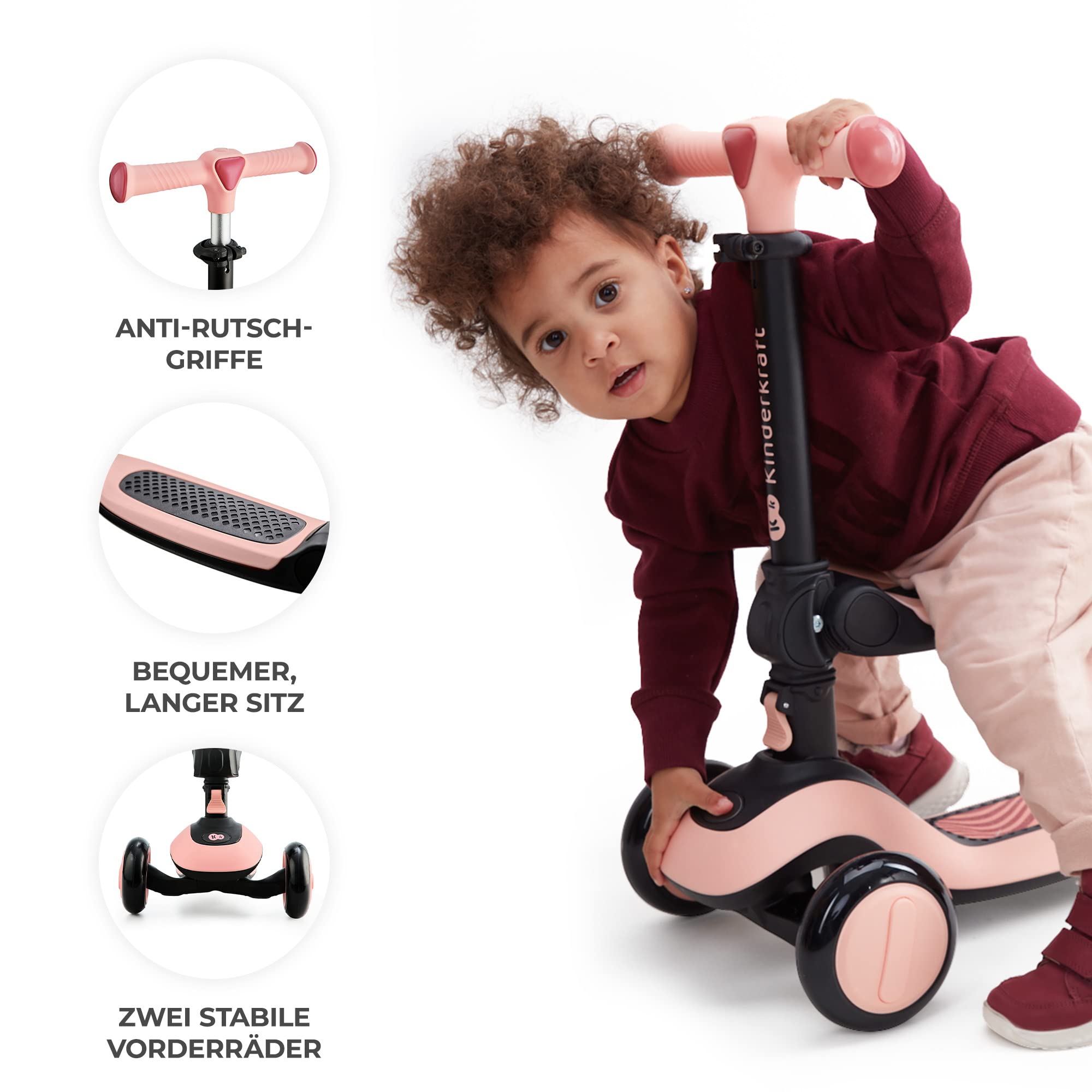 Kinderkraft Halley 2 in 1 Scooter for Kids 1+ Year Old to 50 kg, 3 Wheel Scooter, Balance Bike, Easy Folding, 2 Front Flashing Wheels