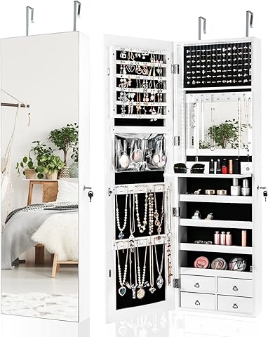COSTWAY Espejo Joyero de Pared, Armario Joyero con Espejo de Cuerpo Entero LED, Armario para Joyas de Puerta con Cerradura, 4 Cajones, Cajonera Incorporada para Joyas y Cosméticos (blanco)