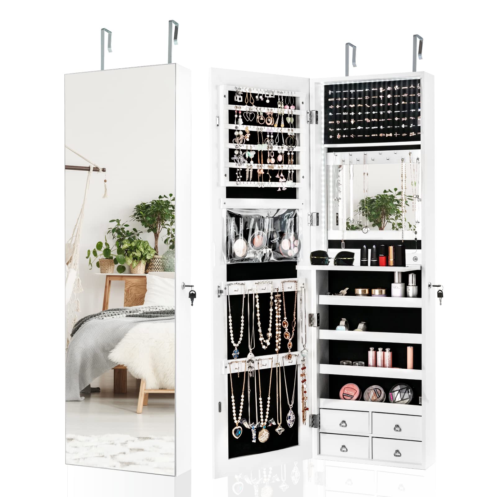COSTWAY szafka na biżuterię z oświetleniem LED, półka na biżuterię z lustrem na całe ciało, szafka z lusterkiem z 4 szufladami, 4 półki na biżuterię i kosmetyki, szafka do montażu na drzwiach i
