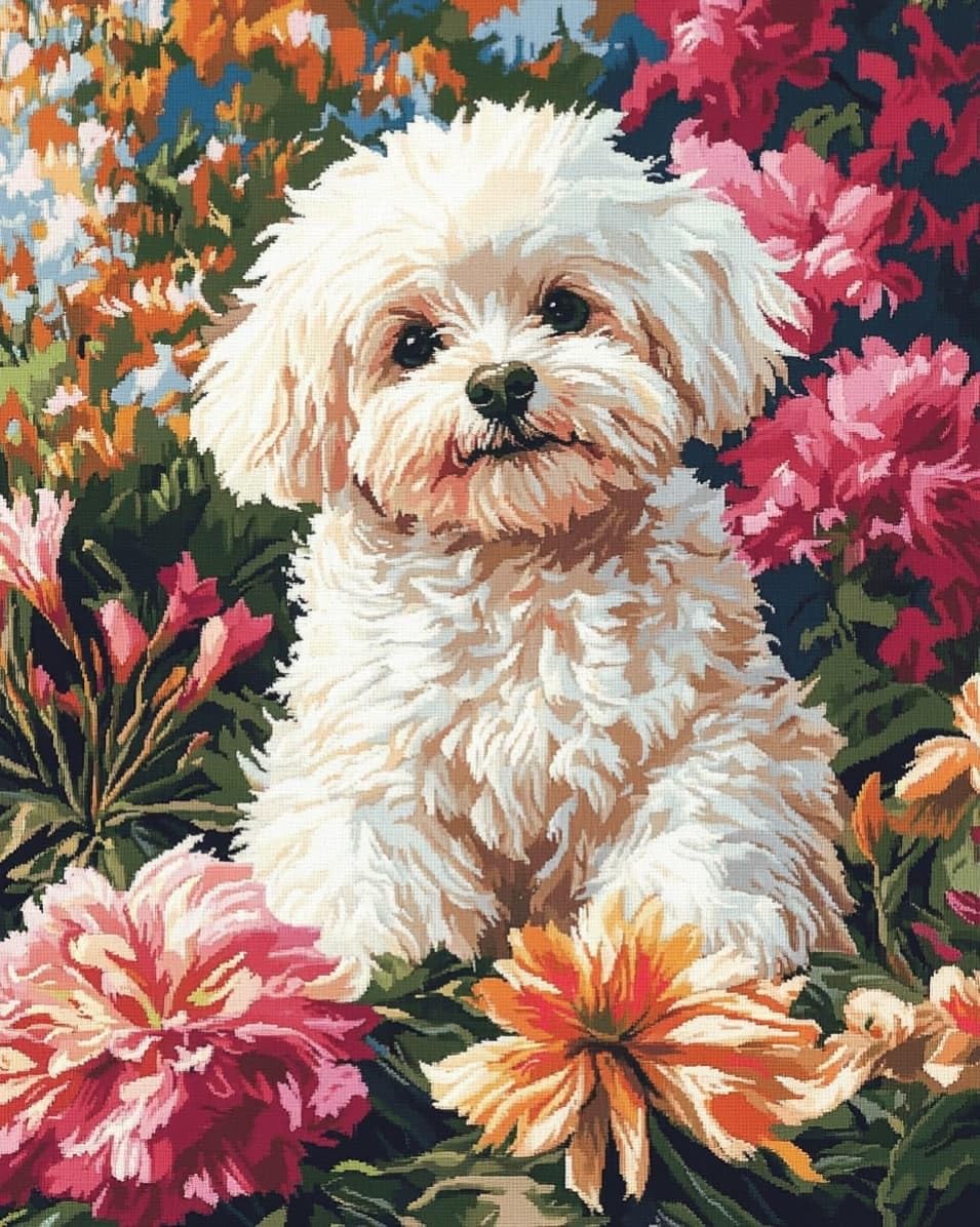 WallustrioaW Cross Stitch Kits,Flower and Bichon Frise,DIY Needlework Kits 11CT Stamped Cross Stitch for Beginners Adults Home Bedroom Decoration,16x20in