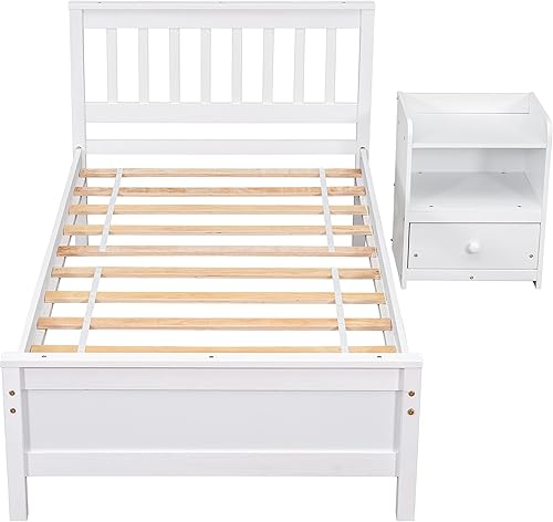 Miniatura 7 de CITYLIGHT Cama de plataforma de tamaño individual con mesita de noche marco de cama individual de madera con cabecera y estribo para niños