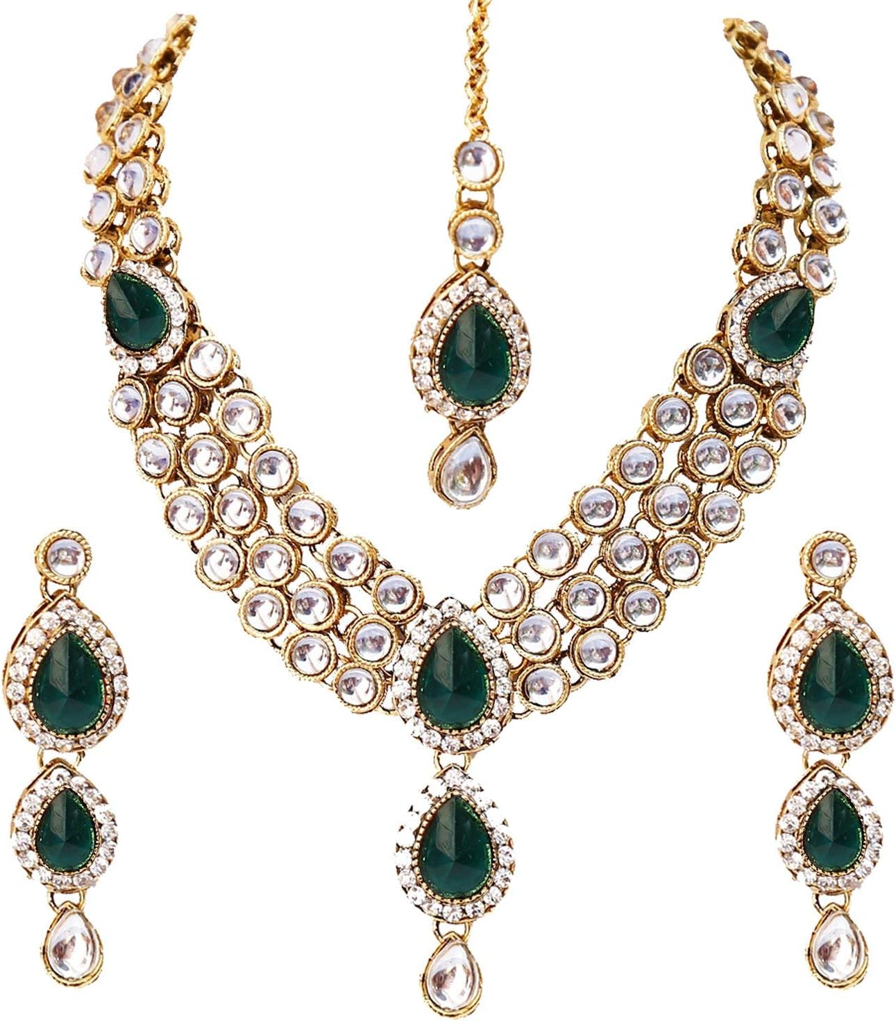 Indian Traditional Bollywood Kundan Maang Tikka Earrings Necklace Set Ethnic Bharatanatyam jewellery set Gift for Women