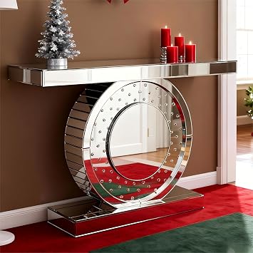 Modern Console Table, 47" Silver Mirrored Glass Sofa Table | Octagonal Crystal Accents, HD Mirror Panels, Rounded Support Base, Wide Display Top, Entryway Placement