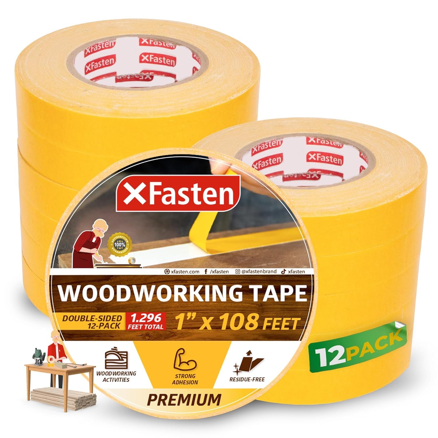 XFasten Bulk Double Sided Woodworking Tape 1-inch 1,296-Feet Total (12-Pack) Residue-Free Woodworking Tool for CNC Routing Machine, Removable Double Sided Tape for Woodworking Router Template