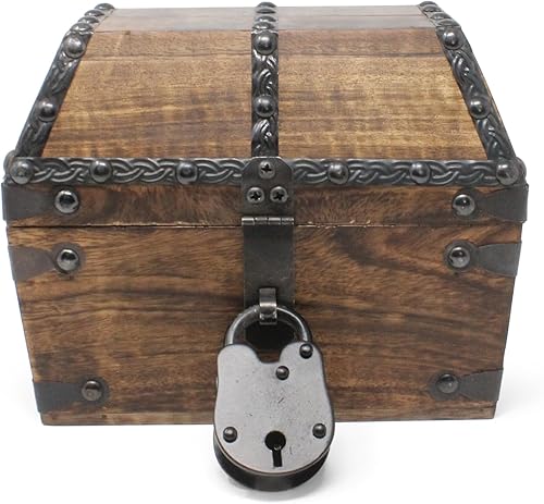 Miniatura 5 de Nautical Cove Cofre del tesoro pirata angular hecho de madera maciza con remaches decorativos (pequeño 8 x 5 x 6)  Cerradura de hierro y llaves de