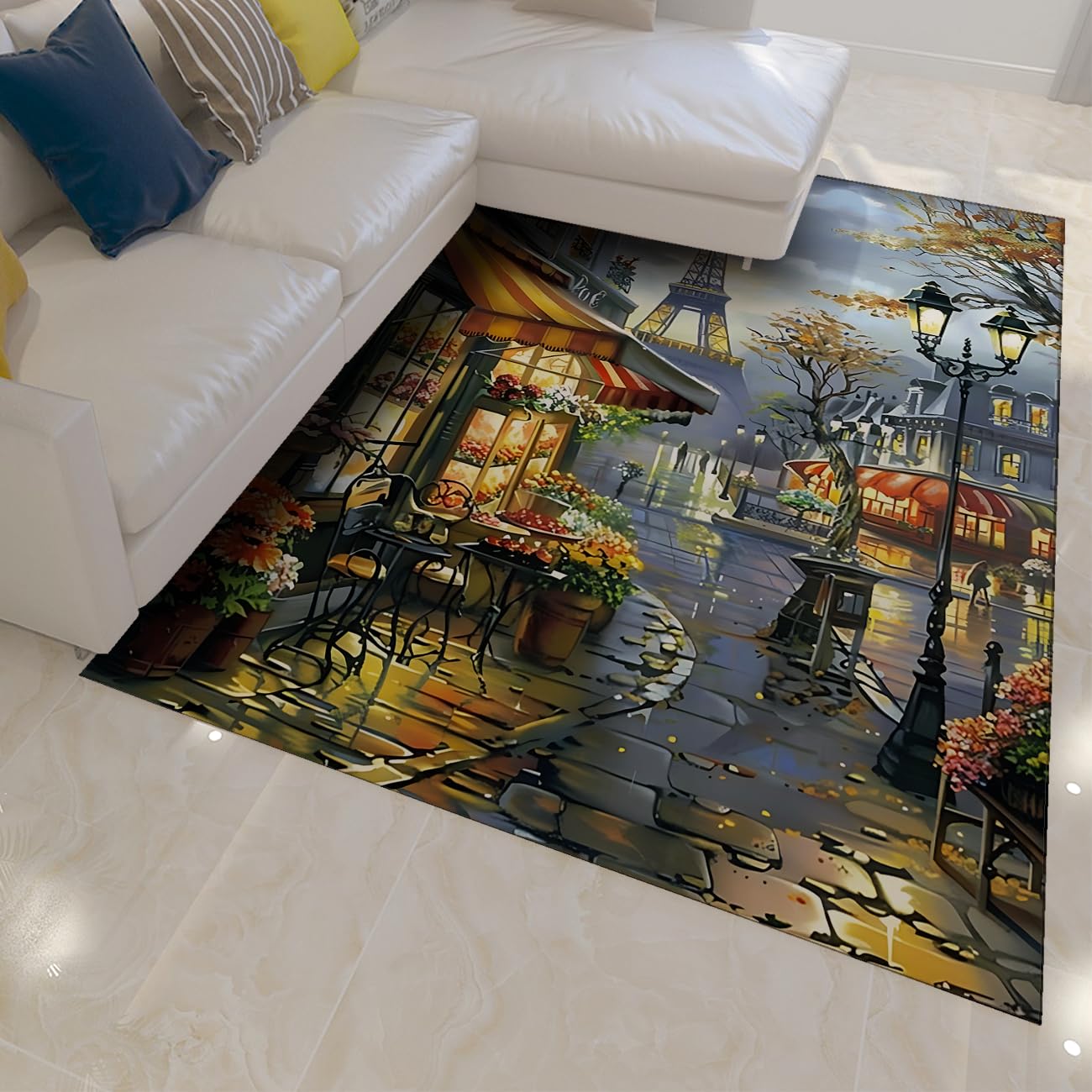 Tapis antidérapants à poil bas lavables motif romantique Paris pour salon