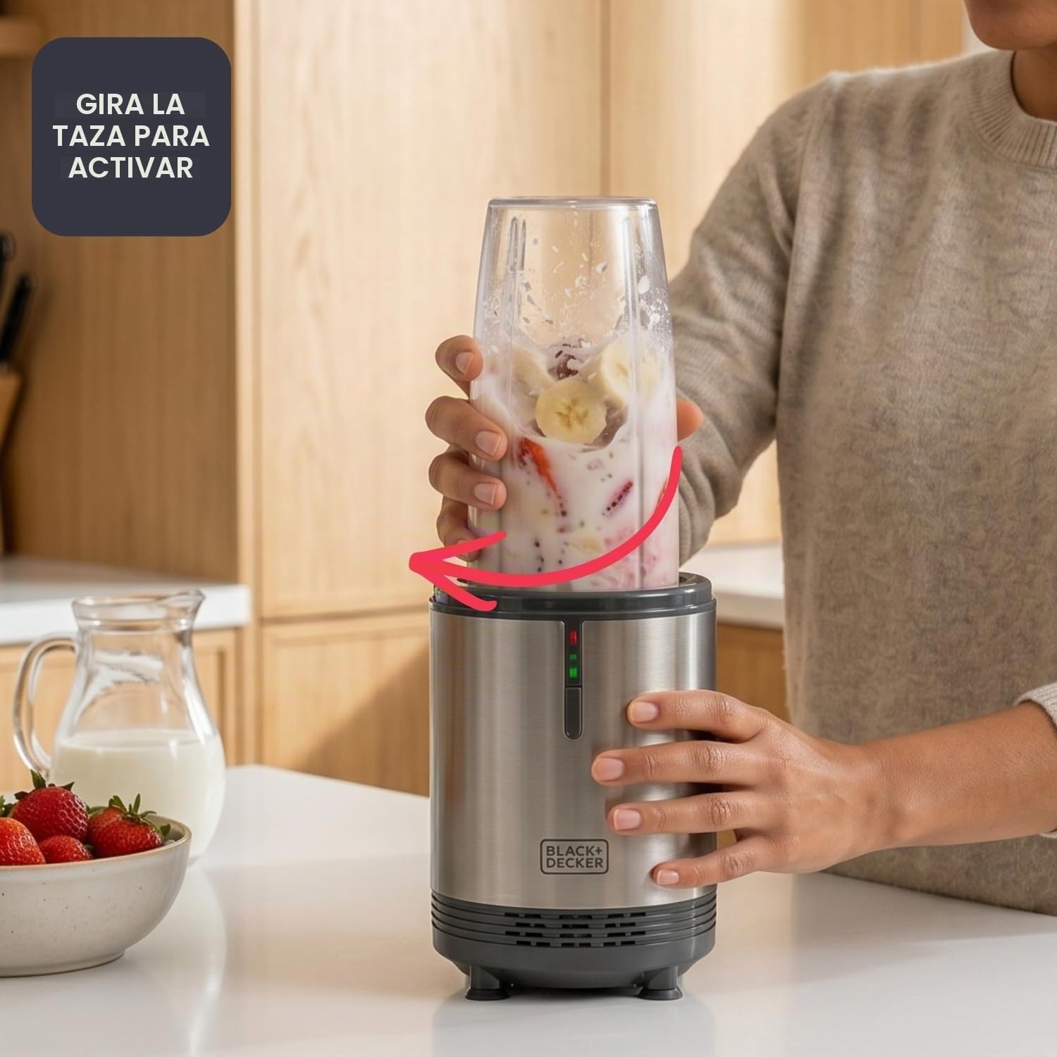 Black+Decker- Batidora de vaso individual | 1000W | 700ml | 2 Vasos Portátiles de Tritán | Cuchillas Inox 304 | Pica Hielo | Apta para Lavavajillas | Base Antideslizante | Acabados Antihuellas