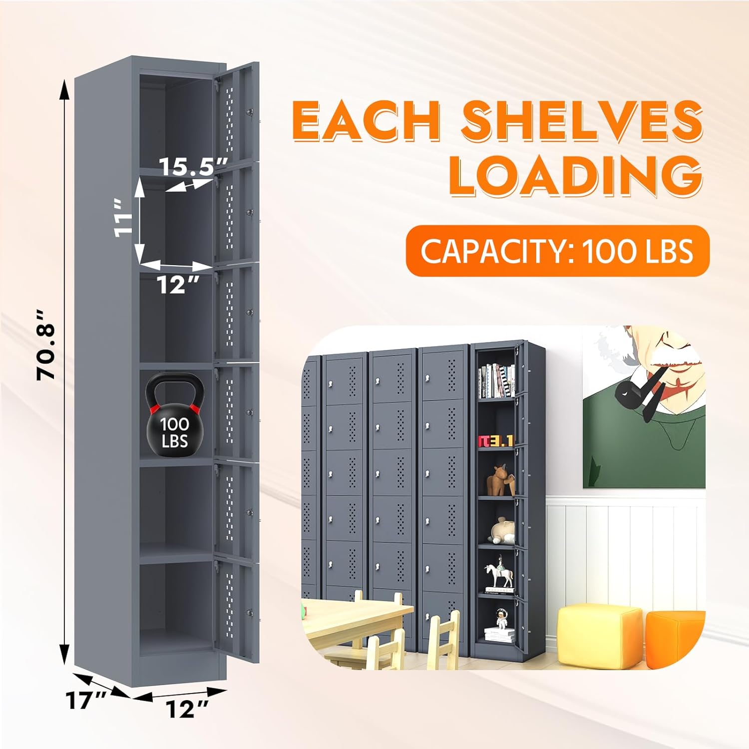 Karini Metal Storage Locker with 6 Doors 70.8'' Steel Lockable Storage Lockers for School Office Gym Home Employees Sports Staff