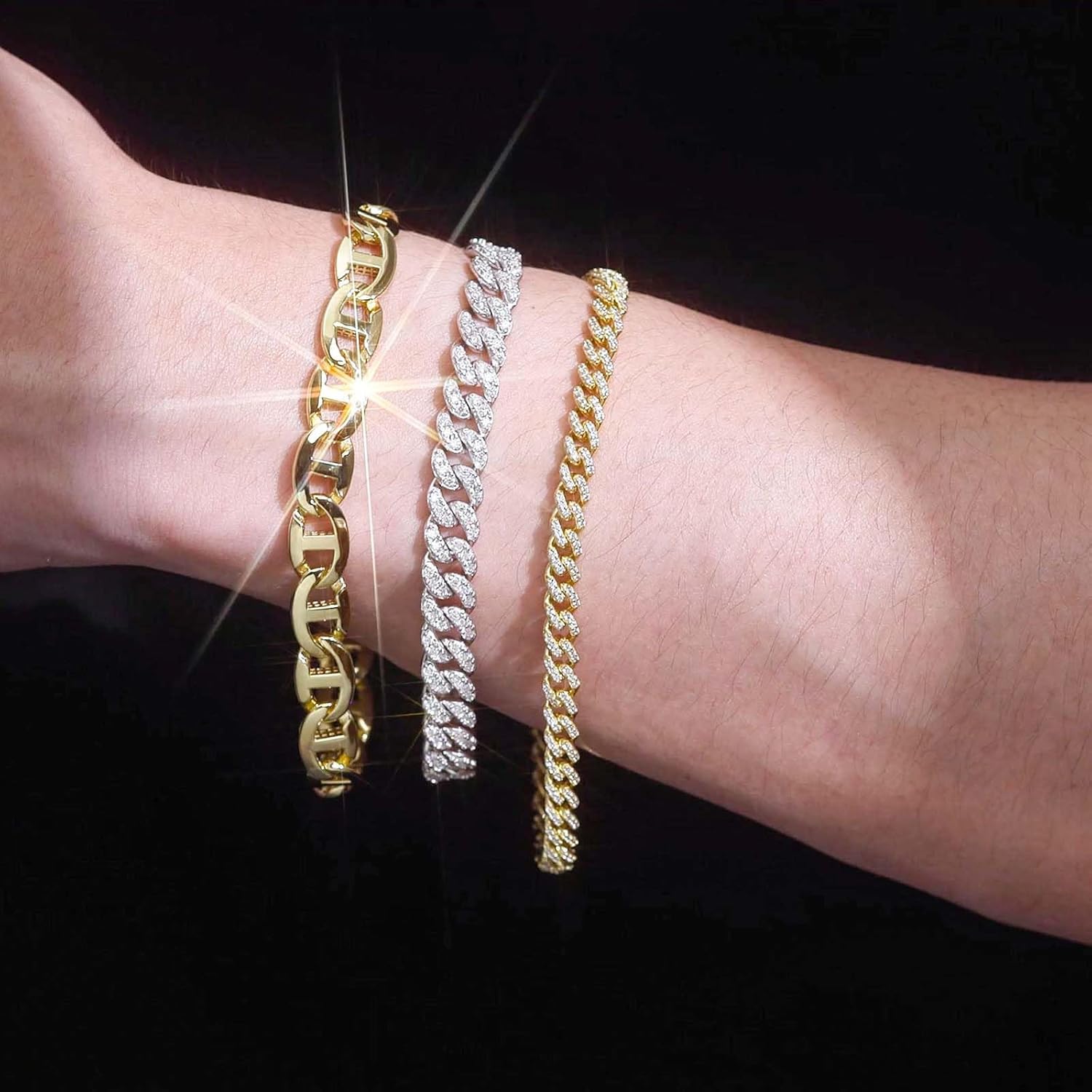 FANCIME 14k Gold Plated 925 Sterling Silver 5MM 7/7.5/8/8.5" Cuban Link Bracelet Bling CZ Bracelets Hip Hop Jewelry for Women Men Unisex