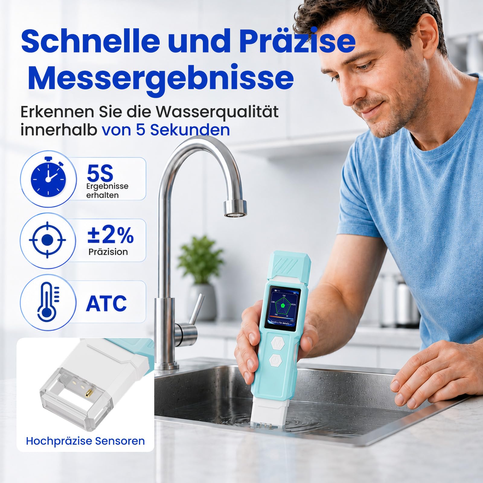 Tester dell'acqua potabile 6 in 1, tester digitale per acqua potabile TDS, EC, temperatura, TOC, COD, UV245, tester di qualità dell'acqua per acqua di rubinetto, acqua di pozzo, filtro RO