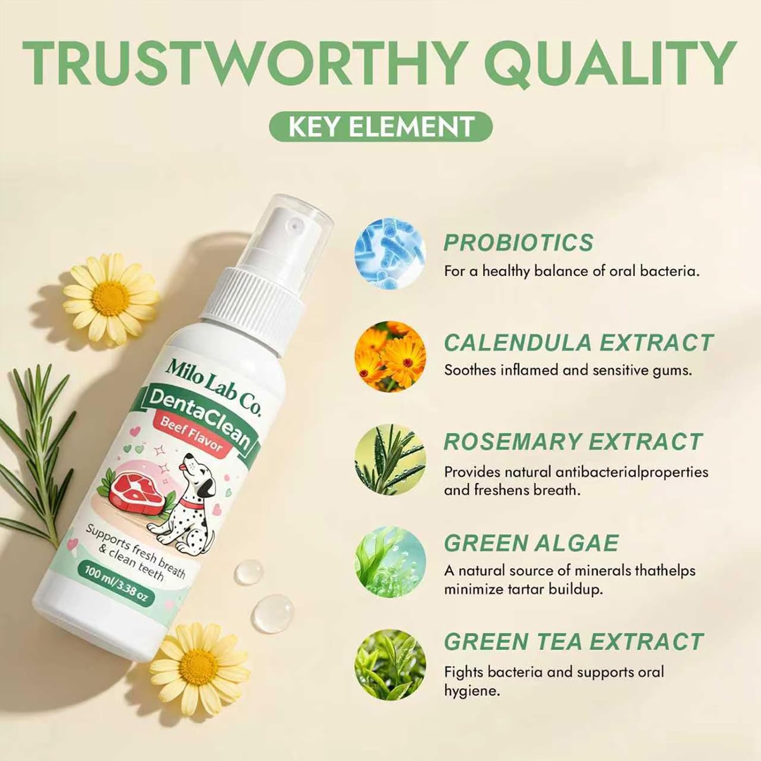 MiloLabCo Dog Dental Spray for Teeth Cleaning, Natural Plaque & Tartar Support for Dogs, No-Brush Dog Oral Care with Probiotics & Sea Kelp, Helps Promote Fresh Breath & Healthy Gums (1pcs)