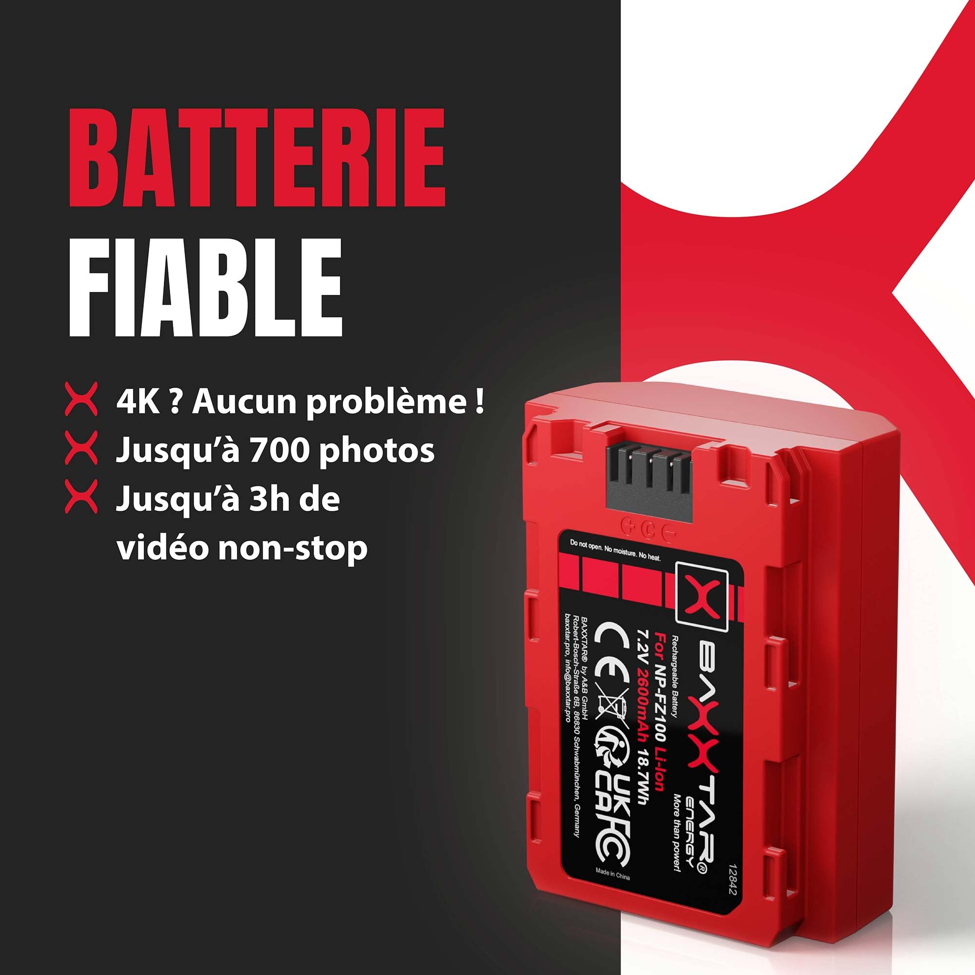Baxxtar Pro 2X Batterie pour Sony NP-FZ100 FZ100 A7 A9 FX3 FX30, 2600mAh