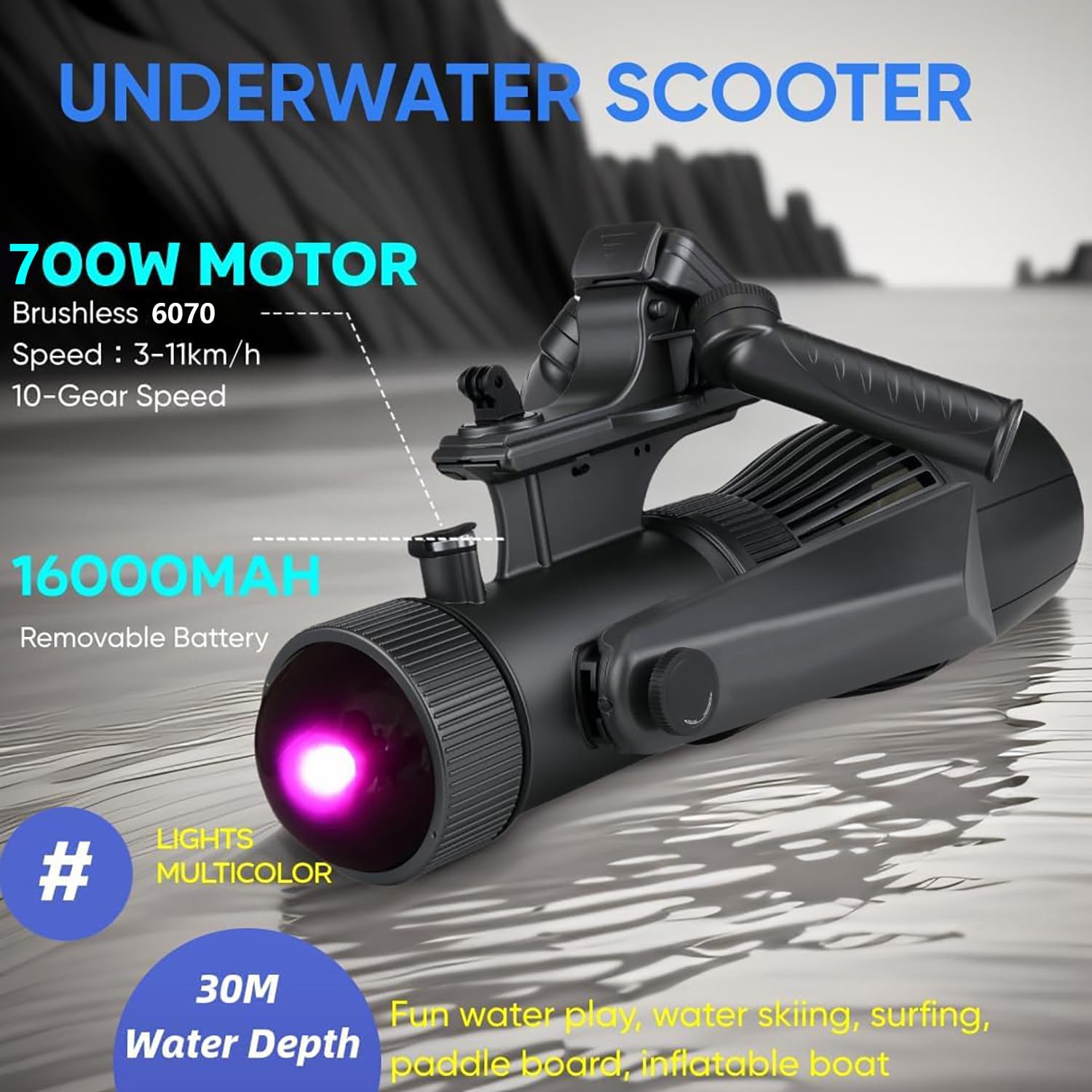 Scooter subacqueo Jetski da 700 W per tavola da paddle con maniglia per immersioni/scatola portaoggetti, batteria rimovibile da 16 Ah, motore SUP/propulsore subacqueo da 35-160 minuti,HD7-1pro