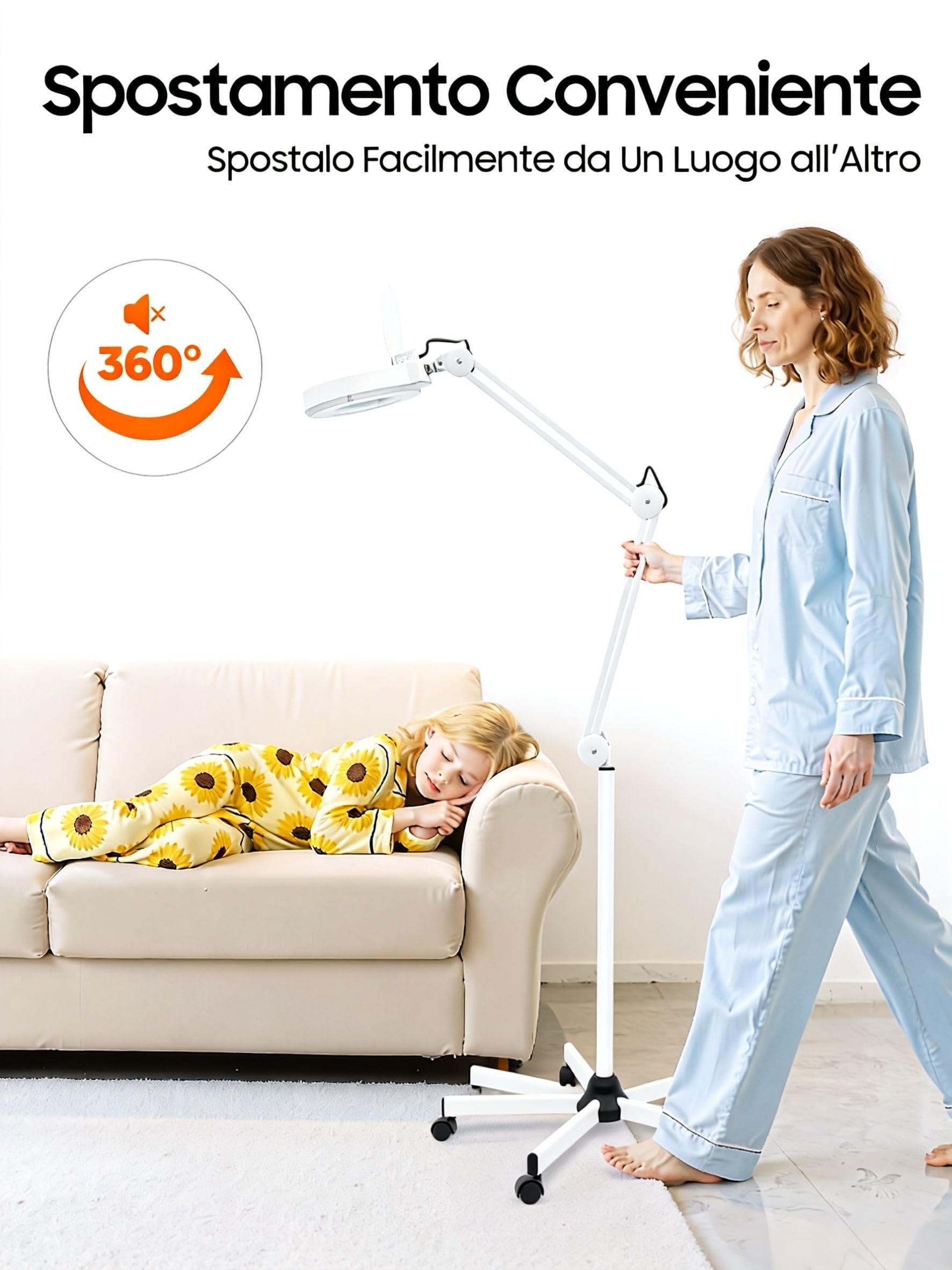 Lampada con lente d'ingrandimento cosmetica a LED da 24W, lampada con lente d'ingrandimento a LED con treppiede mobile, ingrandimento 5X lente d'ingrandimento da terra con braccio girevole e
