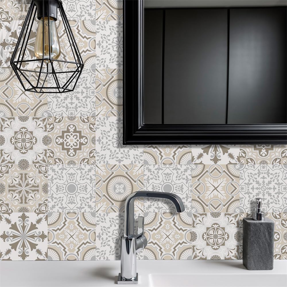 Tile Stickers 15x15cm Moroccan Beige Self Adhesive Tiles Vinyl Stick on Waterproof Oil-Proof Kitchen Bathroom Decoration Wall (10 Pcs)