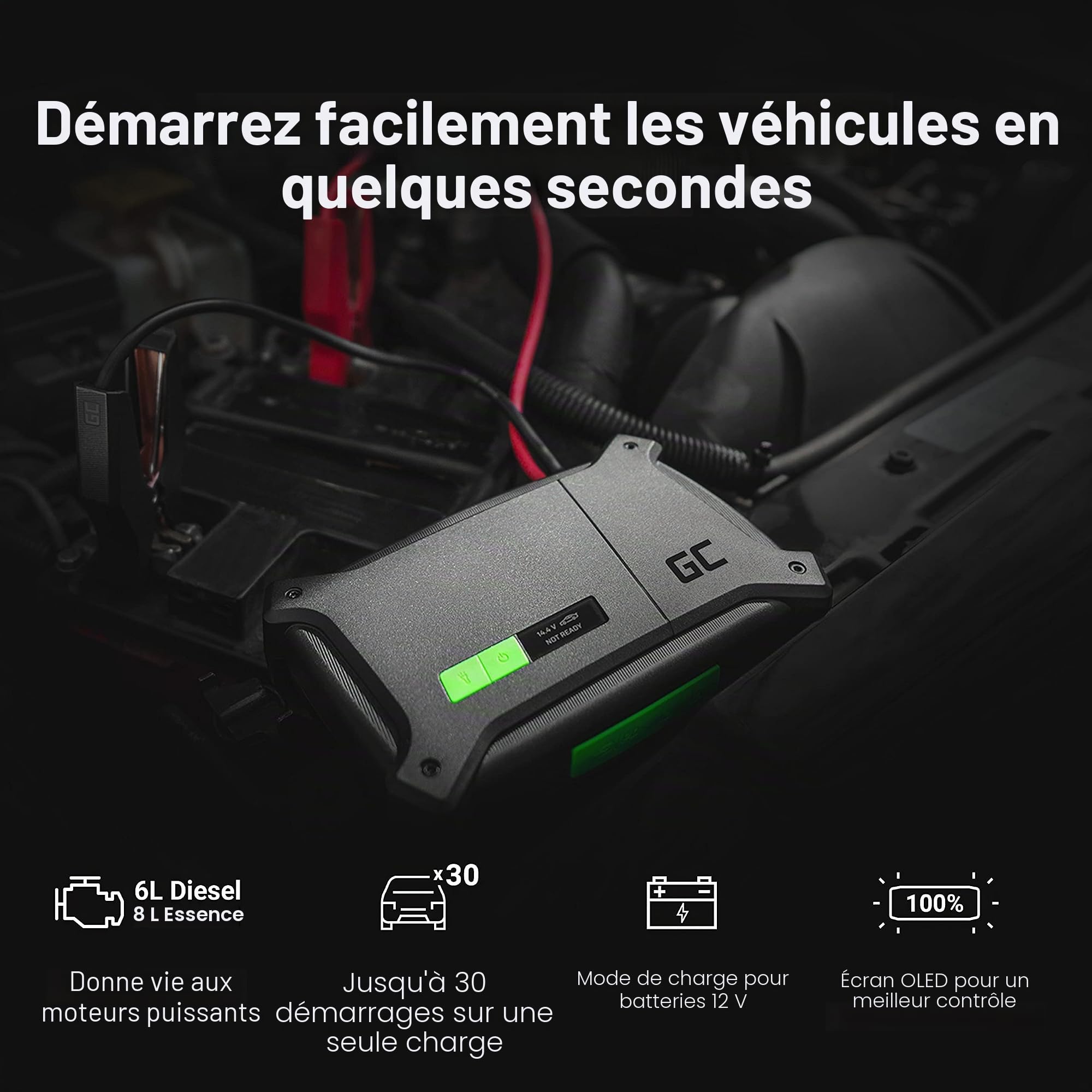 Green Cell PowerBoost Booster de Batterie Lithium 12V 16000mAh 2000A pour Moteurs 8L Essence 6L Diesel Portable Jump Starter Démarrage de Voiture Câbles de Démarrage Chargeur