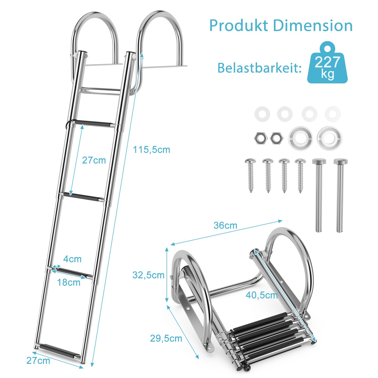 SOARS Scaletta da piscina pieghevole, 4 gradini, in acciaio inox, telescopica, con corrimano e gradini antiscivolo, scala in acciaio inox fino a 227 kg, portata posteriore