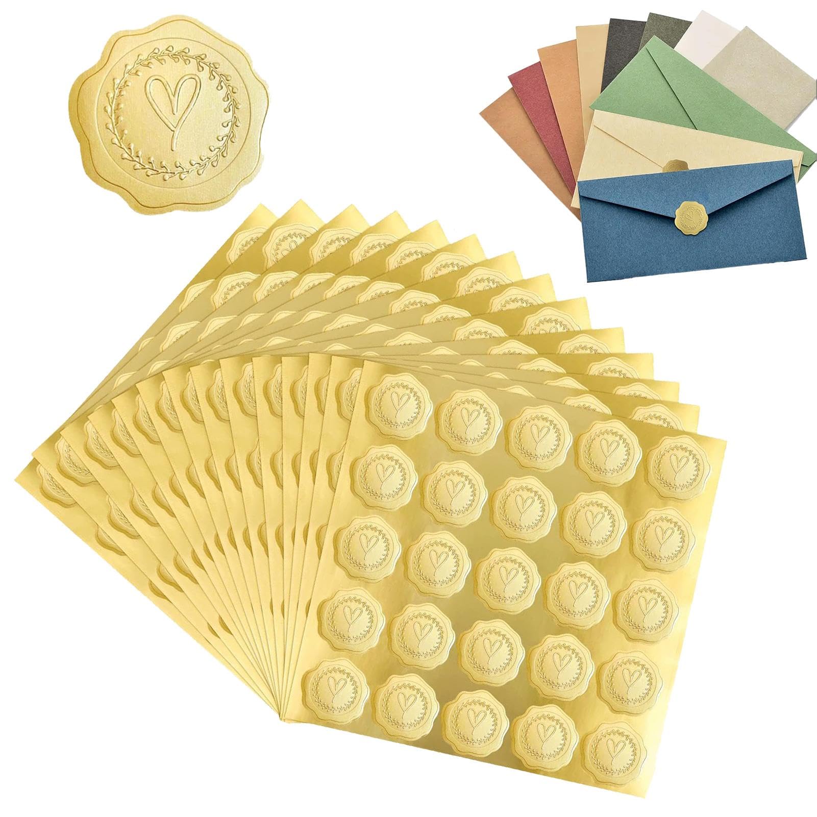 CENMOO Pegatinas de corazón con relieve dorado, sello de corazón dorado - Pegatinas autoadhesivas de cera de amor | Sello de cera en relieve dorado para invitaciones de boda
