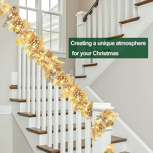 Miniatura 6 de Temporizador e iluminado Guirnalda de Navidad dorada preiluminada de 6 pies con 20 luces cálidas, hojas de acebo, funciona con pilas, decoraciones