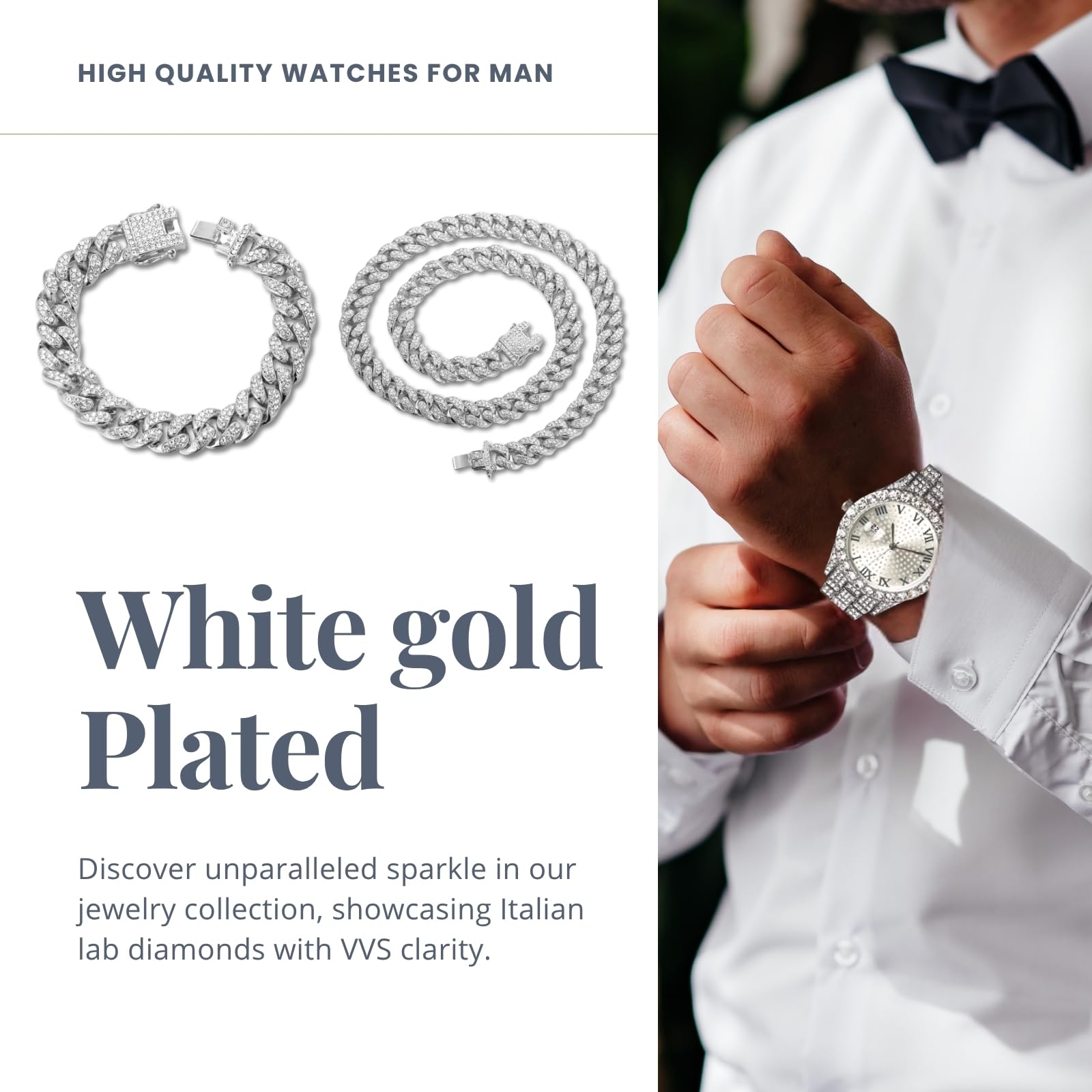 Reloj con Diamantes para Hombre – Esfera Redondo 43mm con Números Romanos – Chapado en Oro 18K/Platino Correa 22,5cm – Cuarzo Japonés – Joya de Lujo – Compatible con Cadena Cubana Opcional