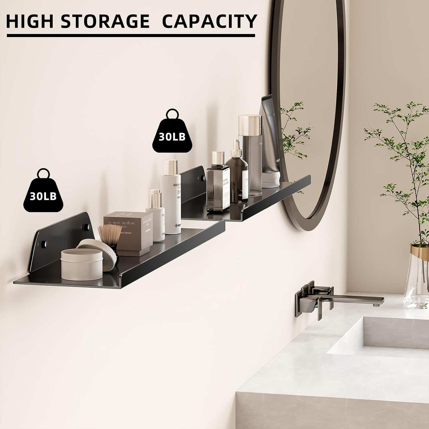 Floating Shelves for Wall, Wall Shelves, Off Center Metal Shelves for Living Room, 20” Modern Black Hanging for Decor Bedroom Bathroom Kitchen Plants (2 PCS)