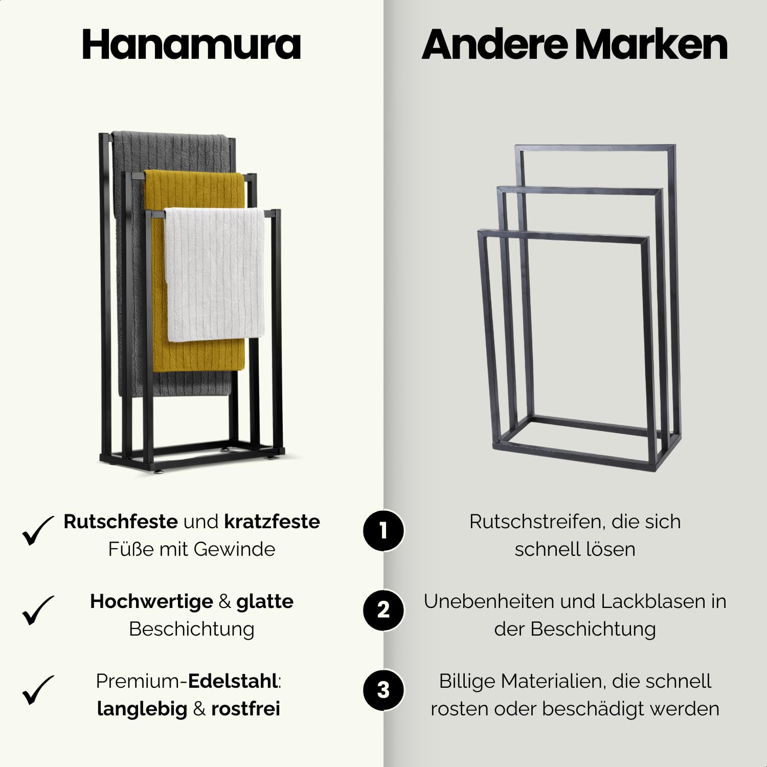 Hanamura Handtuchhalter Stehend – Schwarzer Handtuchständer mit 3 Stangen – Rutschfest & Kratzfrei – Platzsparender Handtuchhalter für das Badezimmer