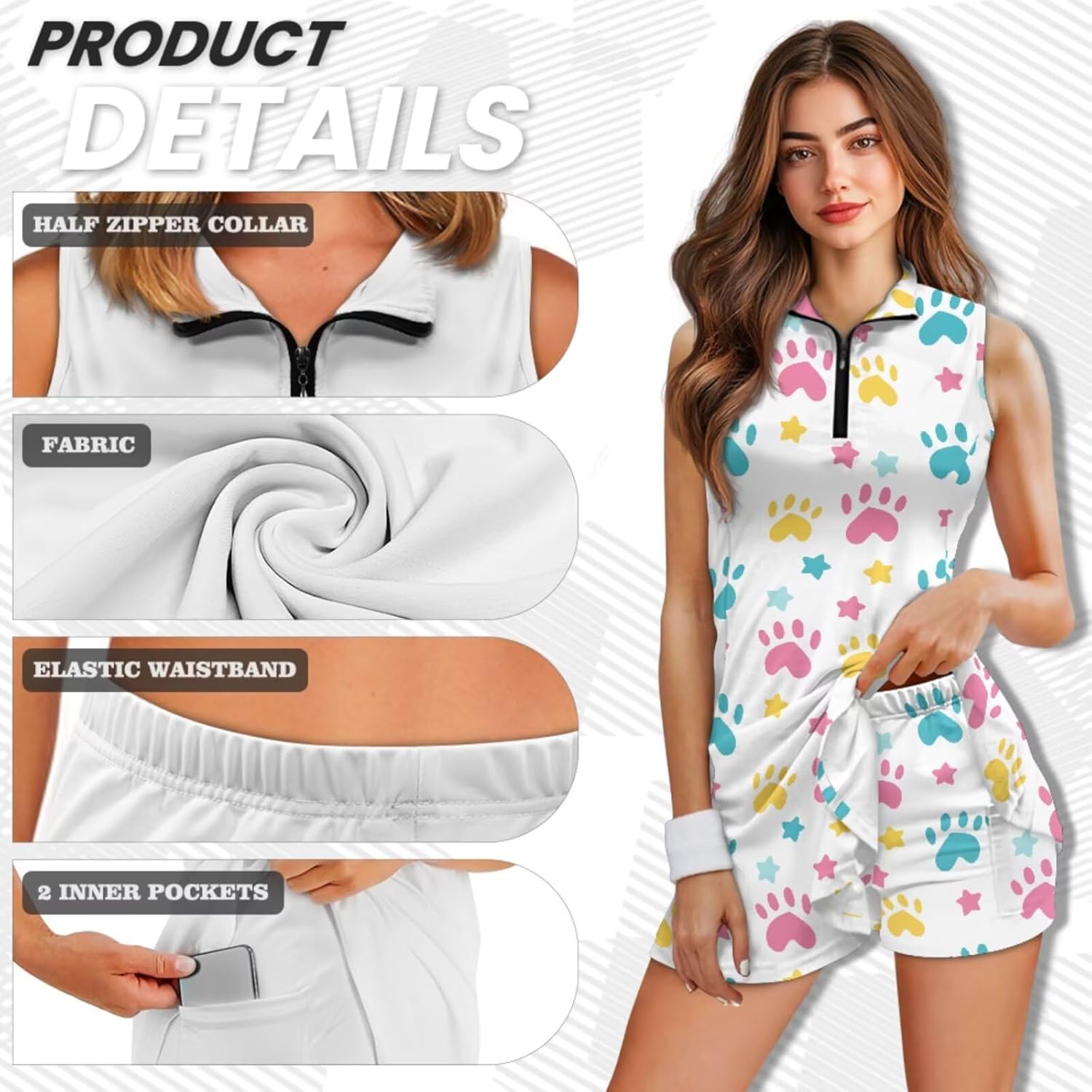 COEQINE Tennis Dresses for Women with Shorts Zip Front Golf Dress with Pockets for Alethic Foldable Visor Hat 3Pcs,XS-2XL