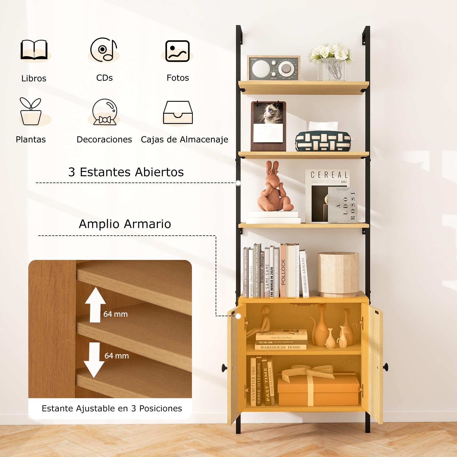 COSTWAY Estantería Escalera de Pared, Estantería de Ratán con 3 Niveles y Armario, Marco de Metal, Libreria Estrecha Salon Dormitorio Oficina Baño, Natural, 60 x 30 x 184 cm