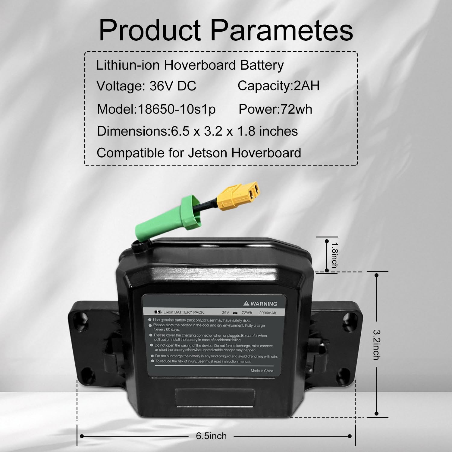 36V 2Ah Hoverboard Battery with Case, Compatible for Jetson Hoverboard Battery, Size: 6.5 x 3.2 x 1.8 inches, 10S1P