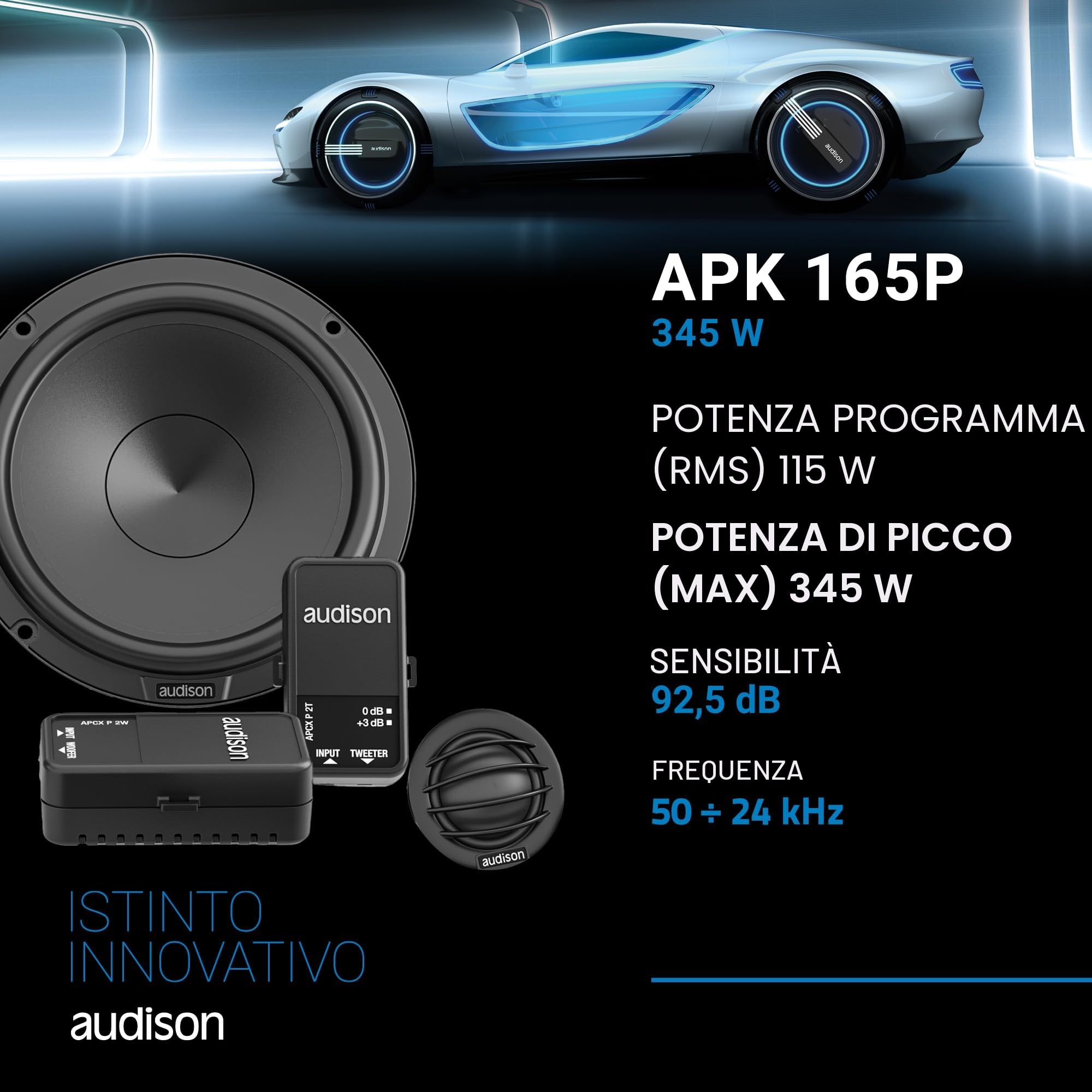 Audison APK 165P - Sistema audio a 2 vie per auto con woofer AP 6.5P da 165 mm, tweeter AP 1P da 25 mm e crossover passivo, risposta dinamica e potenza di picco 345W