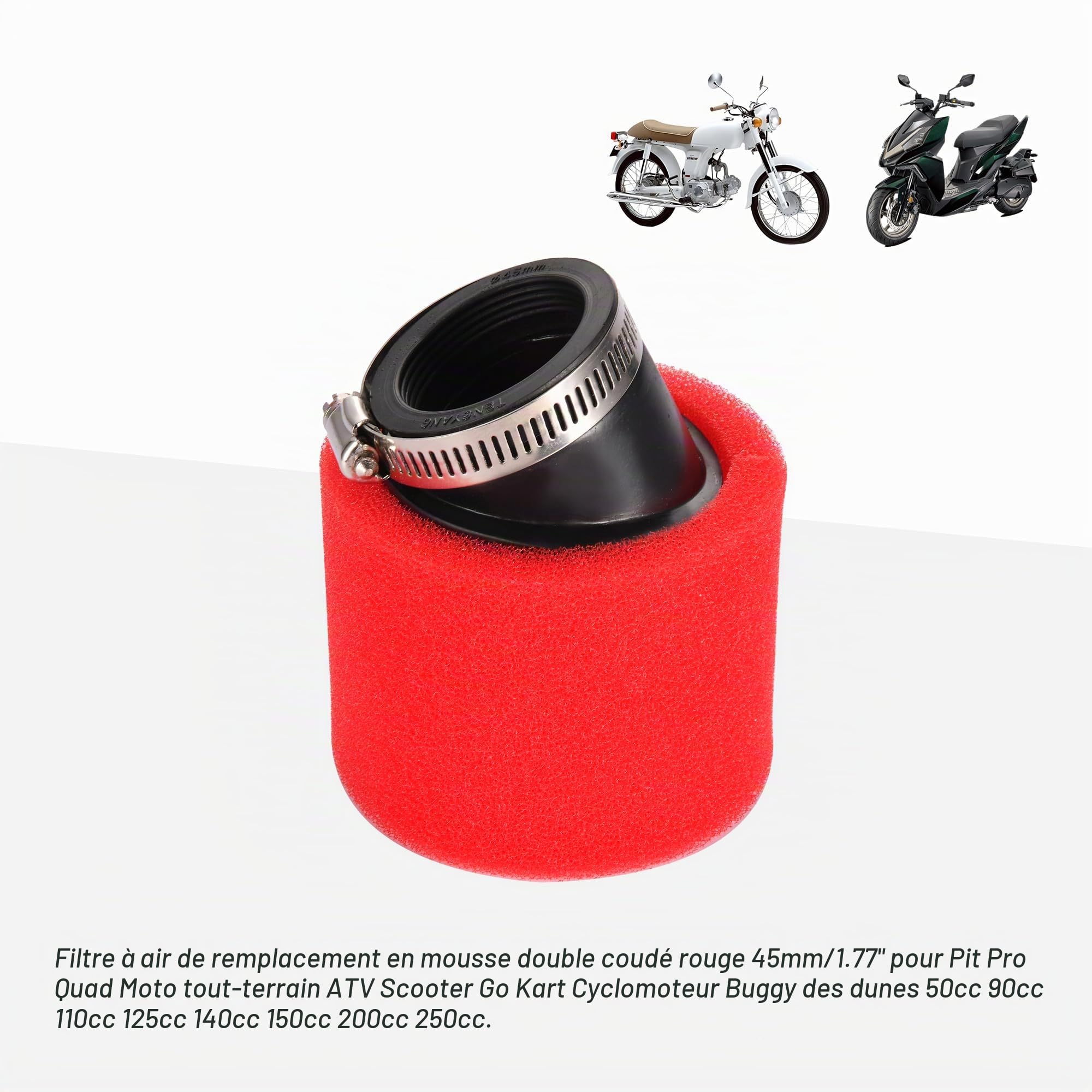 GOOFIT 45mm Filtre d'Air Double Mousse Éponge Nettoyeur Bouche Angle Biseau Rouge Remplacement pour 50cc 70cc 90cc 110cc ATV quad buggy scooter 125cc 150cc dirt bike motorcycle go kart
