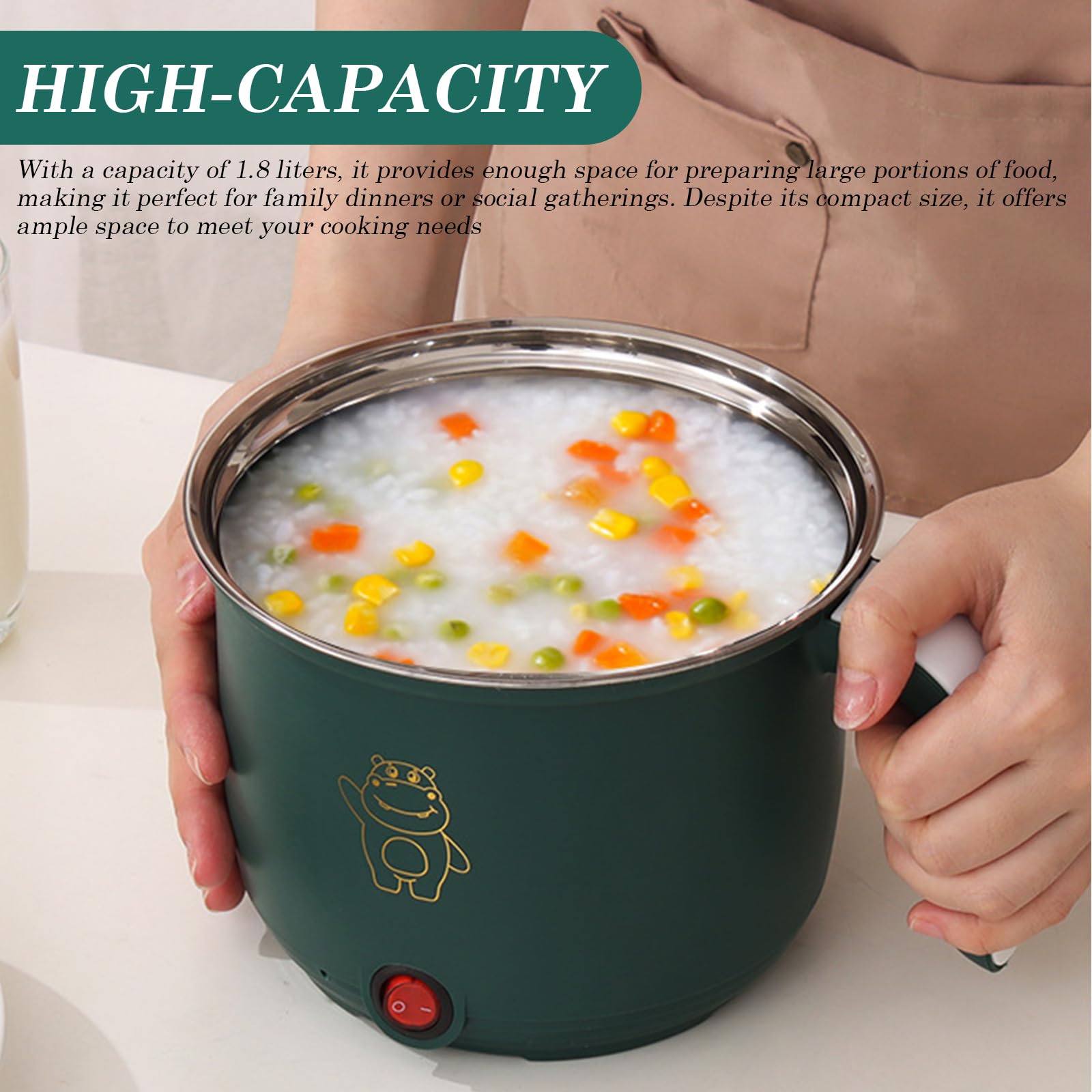 Mini Pentola Elettrica: Pentola Elettrica Portatile, Multifunzionale Pentola Elettrica Piccola, 1,8L Padella Elettrica Antiaderente Domestico, con Vaporiera in Acciaio Inox, 600W, 220V,Verde