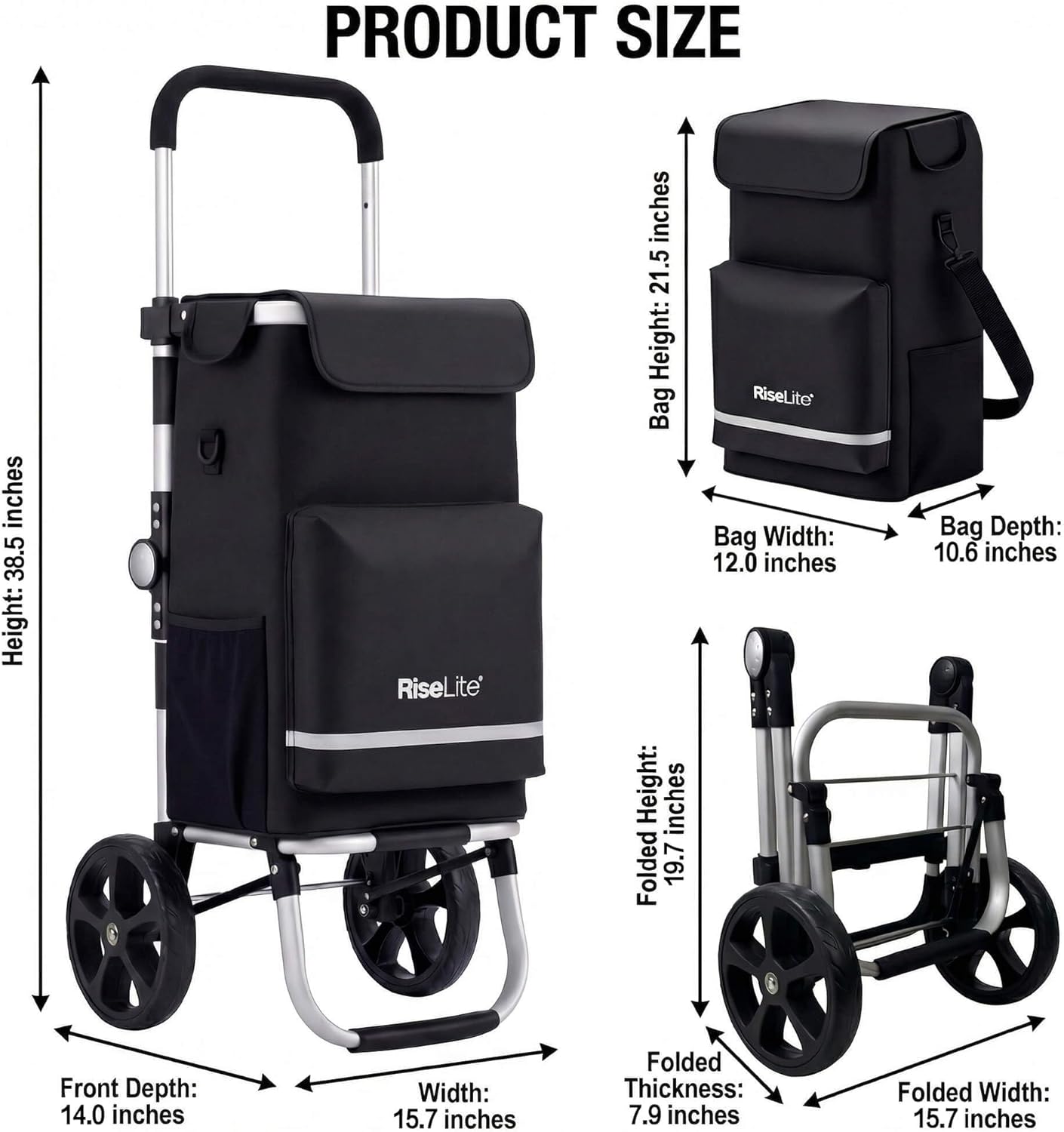 Lightweight Shopping Cart with Wheels, Foldable Grocery Trolley for Supermarket & Teachers, Rolling Utility Crate with Insulated Cooler, Adjustable Handle, 110 lbs