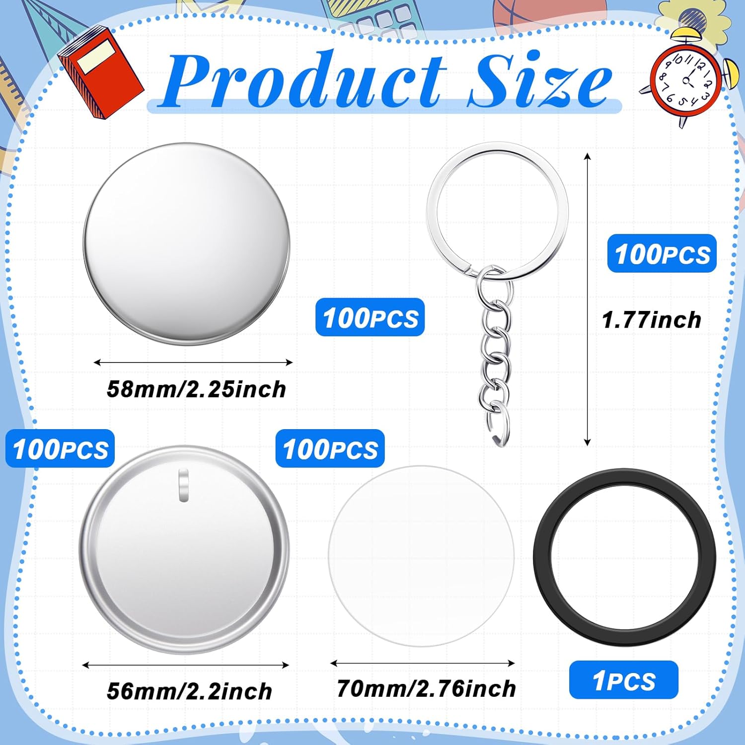 Tondiamo 100 Sets 58 mm/ 2.25 Inch Button Maker Keychains Supplies Metal Button Badge Sets Including Metal Shell, Plastic Film, Backing Parts, Keychain for Maker Machine DIY Christmas Gifts