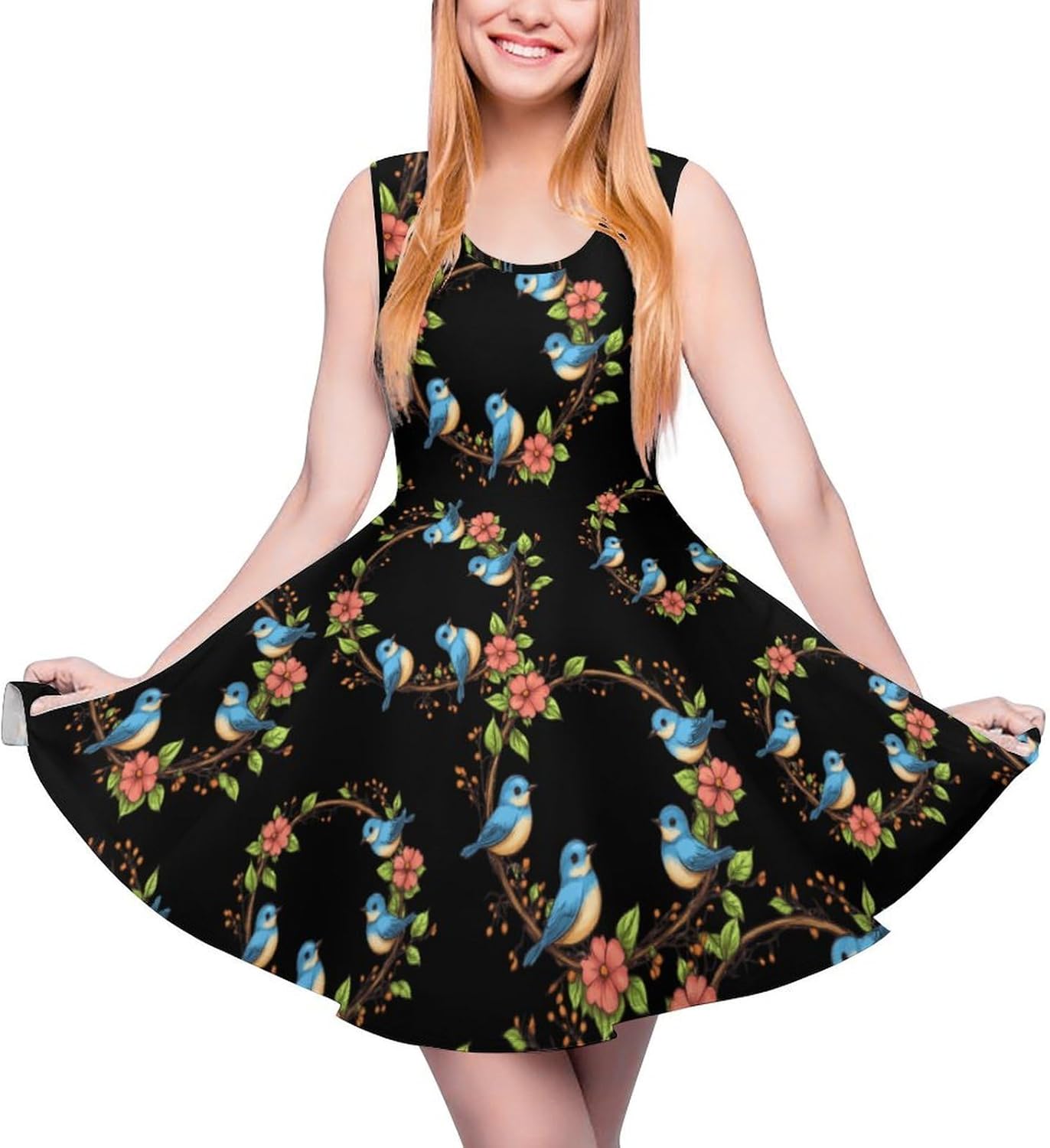 Blue Birds Women's Dresses Round Neck Dress Sleeveless Tank Dress Ruffle Hem Sundress