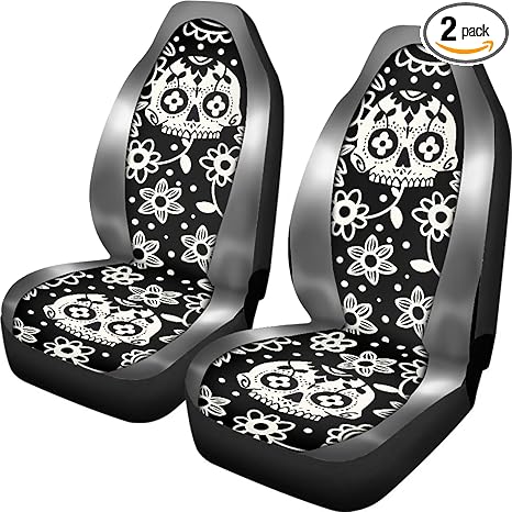 Sugar Skull Flower Print Car Seat Covers Waterproof Car Seat Protector Breathable Car Front Seats Only Interior Covers for Car SUV Truck Sedan, Pack of 2