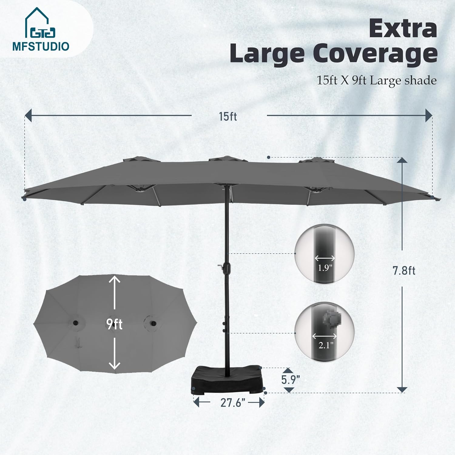 MFSTUDIO 15ft Double Sided Patio Umbrella with Base Included, Outdoor Large Rectangular Market Umbrellas with Crank Handle for Deck Pool Shade, Smoky Gray