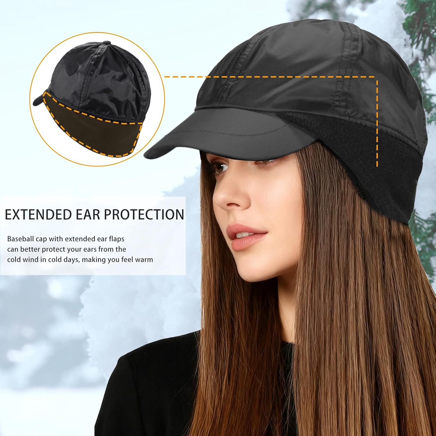 Winter Running Hat Fleece Baseball Caps with Ear Flap Water-Repellent Warm Brimmed Hats for Cold Weather, Black - Image 5