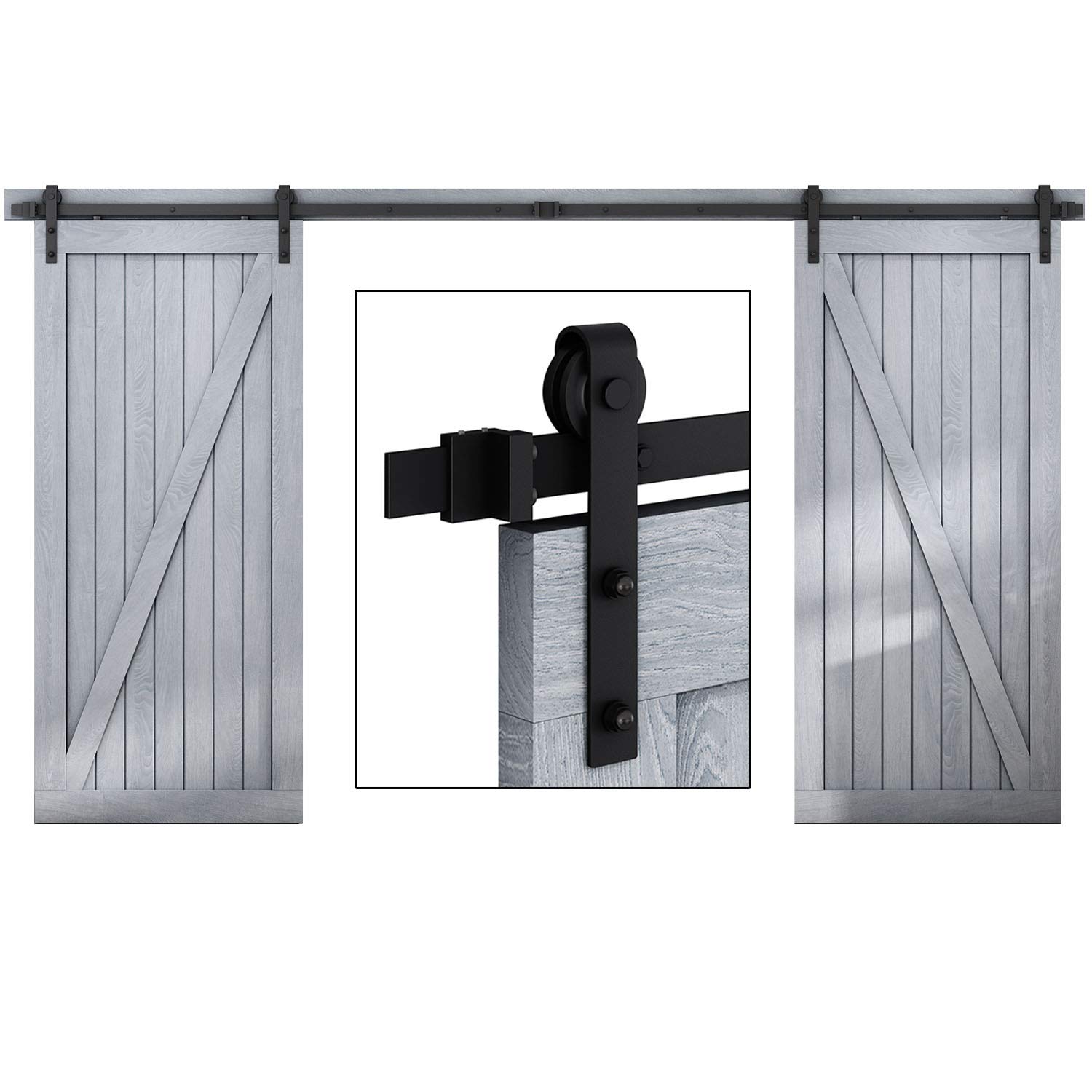 10ft Classic Rustic Double Sliding Barn Wood Door Hardware,Carbon Steel,Black (10FT Double Door Kit)