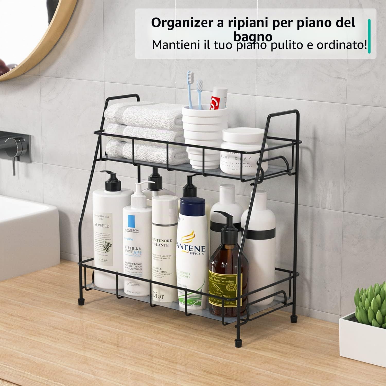 Supporto Porta Spezie Organizer per Cucina da Appoggio,Mensola Portaspezie Ripiani Organizzatore per Cucina Armadietto Bagno 2 Livelli,Nero