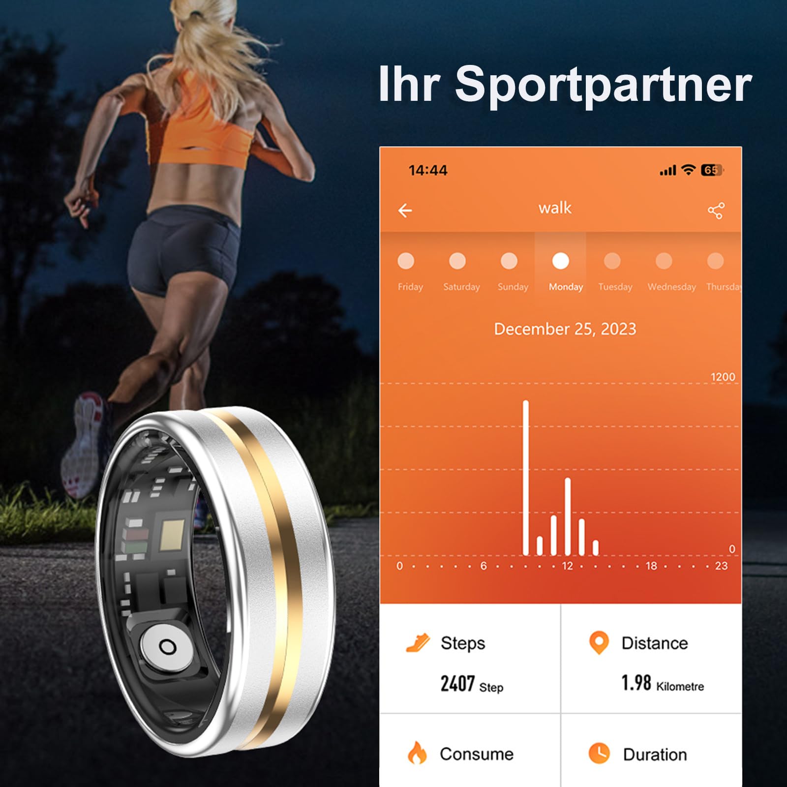 findtime Bague intelligente pour traqueur de fitness - Podomètre - Étanche - 5 ATM - Pour homme et femme - Anneau de sommeil - Moniteur de fréquence cardiaque - Android iOS - Anneaux de sport - Suivi