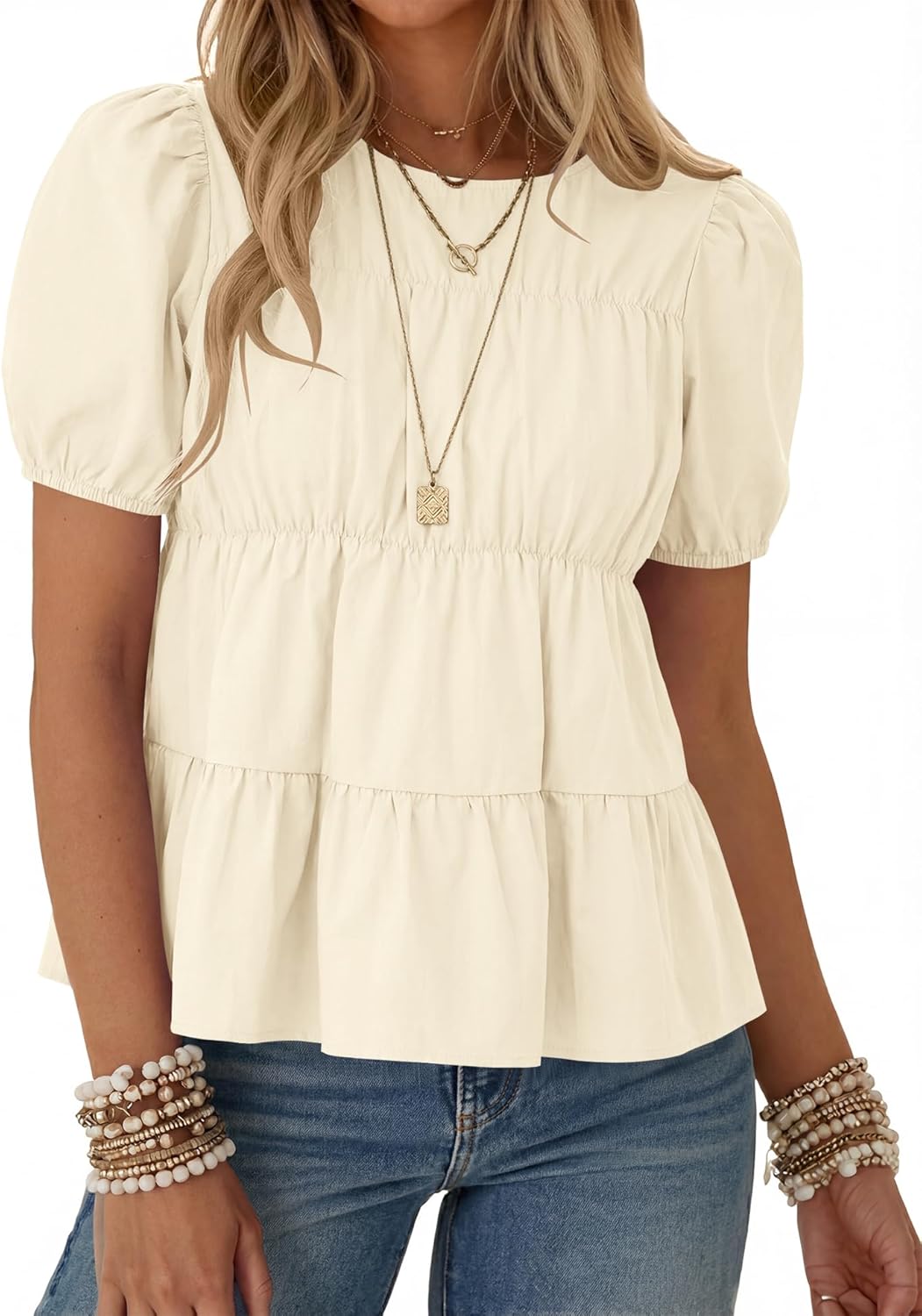 Rapbin Womens Puff Short Sleeve Babydoll Tops Summer Peplum Pleated Cotton T Shirts Casual Loose Fit Flowy Blouses